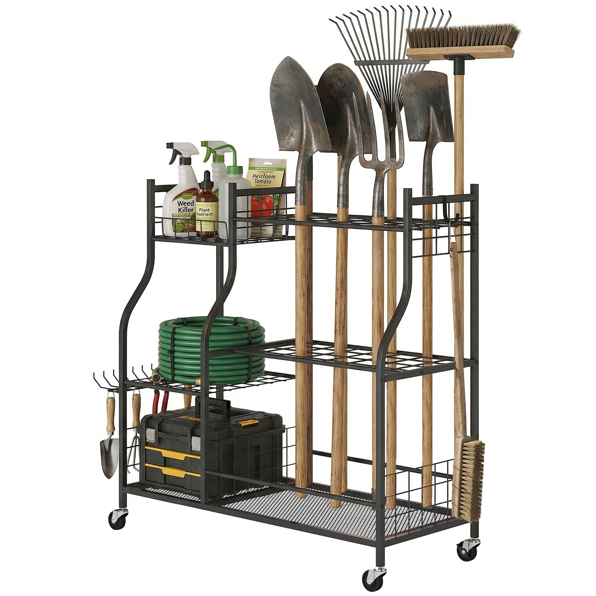 Outsunny Organisateur d'Outils de Jardin en Acier à 3 Niveaux, 74 Emplacements, 4 Roues, 11 Crochets, 104x40x95cm, Noir