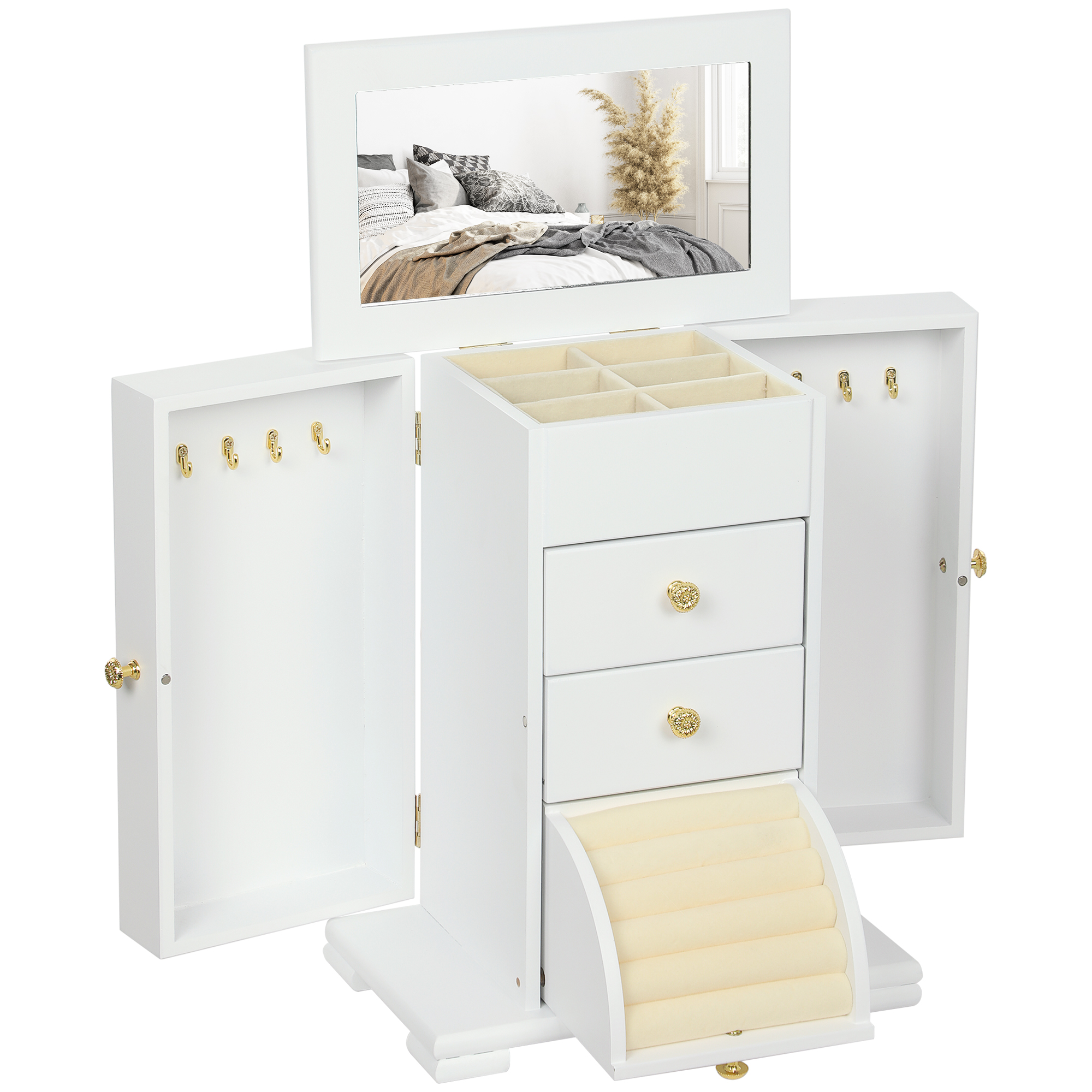 HOMCOM Schmuckkästchen für Damen, 4 Ebenen, Holzschmucktruhe mit Flügeln, Spiegel und 2 Schubladen für Ringe, Ohrringe, Halsketten und Armbänder, Weiß Aosom