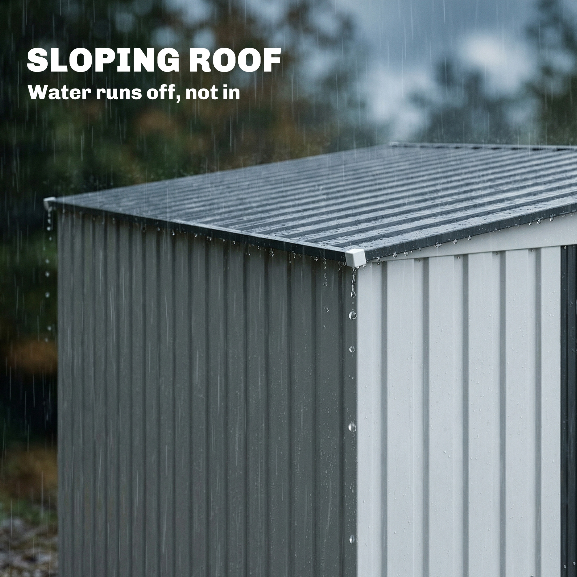  Casuta pentru depozitare unelte din metal 1,5x2m cu baza, usa glisanta si acoperis inclinat, alba [6]