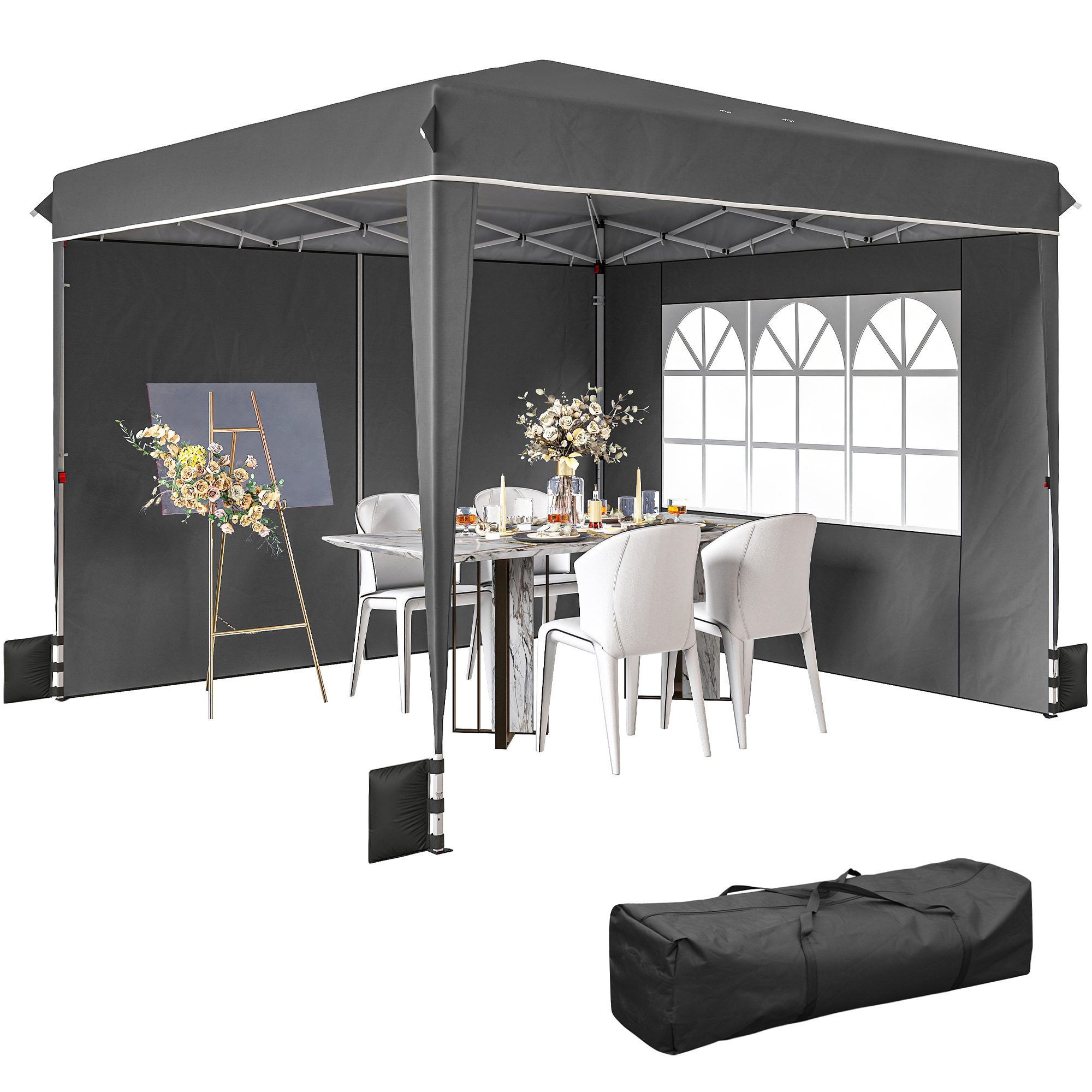 Outsunny Tonnelle de jardin exterieur 3x3m, tonnelle pliante avec parois latérales, protection UV 50+, sac de transport, gris