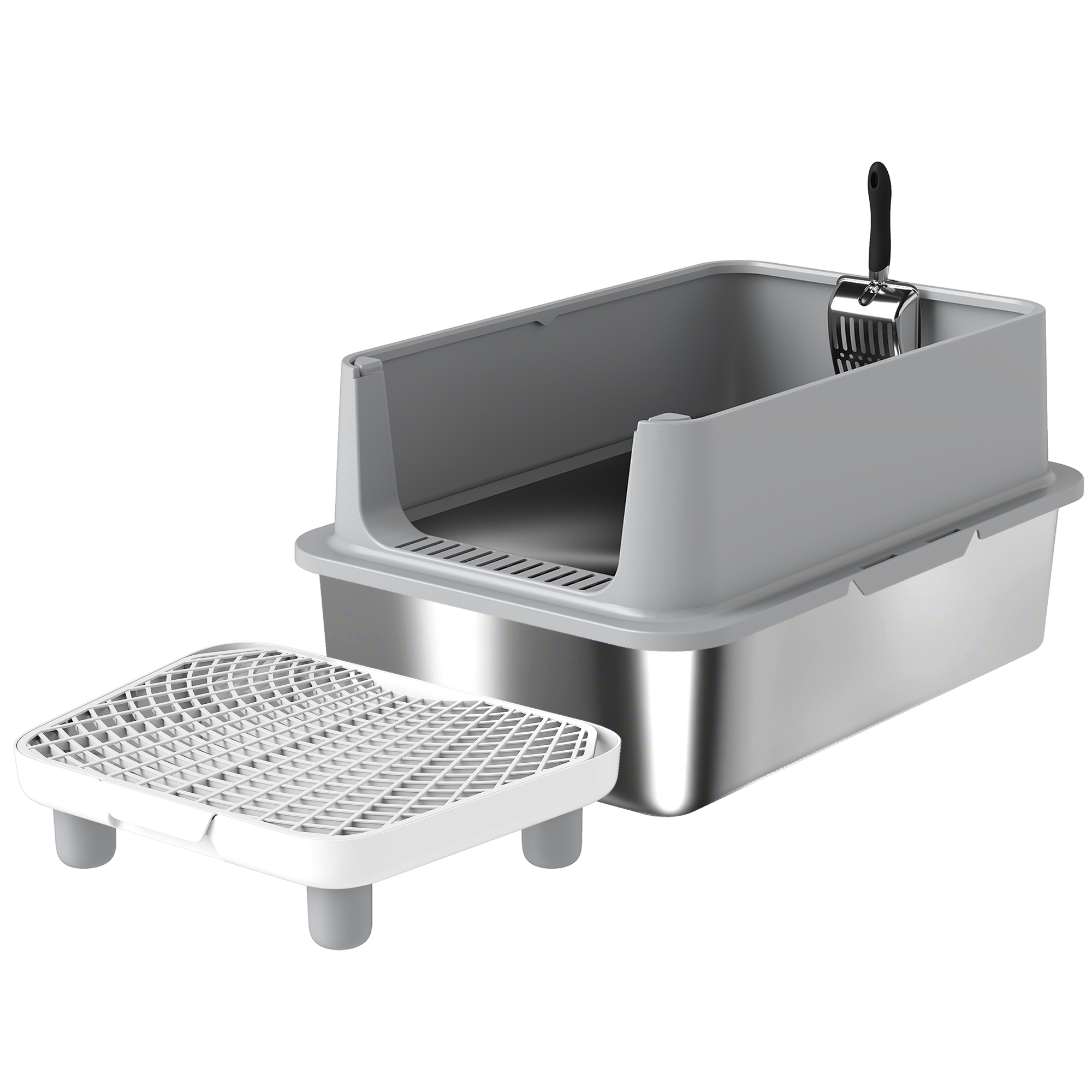 PawHut XL Katzentoilette aus Edelstahl, Katzentoilette für große Katzen, hohe Seitenwände, Trittplatte und Filtermatten gegen Streuverlust, Schaufel, einfache Reinigung, 60,2x40,2x29,6cm, Grau Aosom