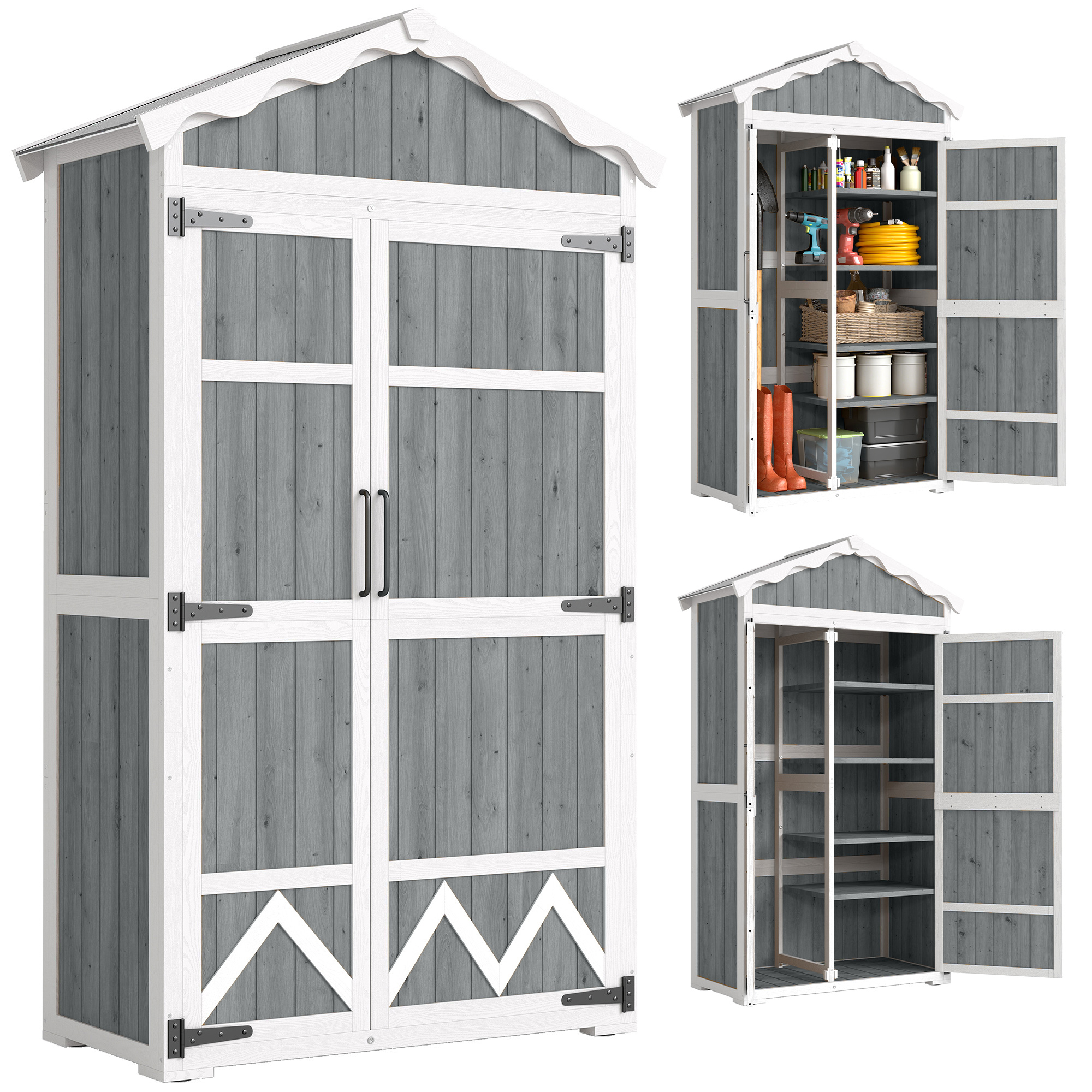 Outsunny Abri de Jardin en Bois 105x55x179 cm Armoire à Outils avec 4 Étagères Toit en Métal Galvanisé Gris