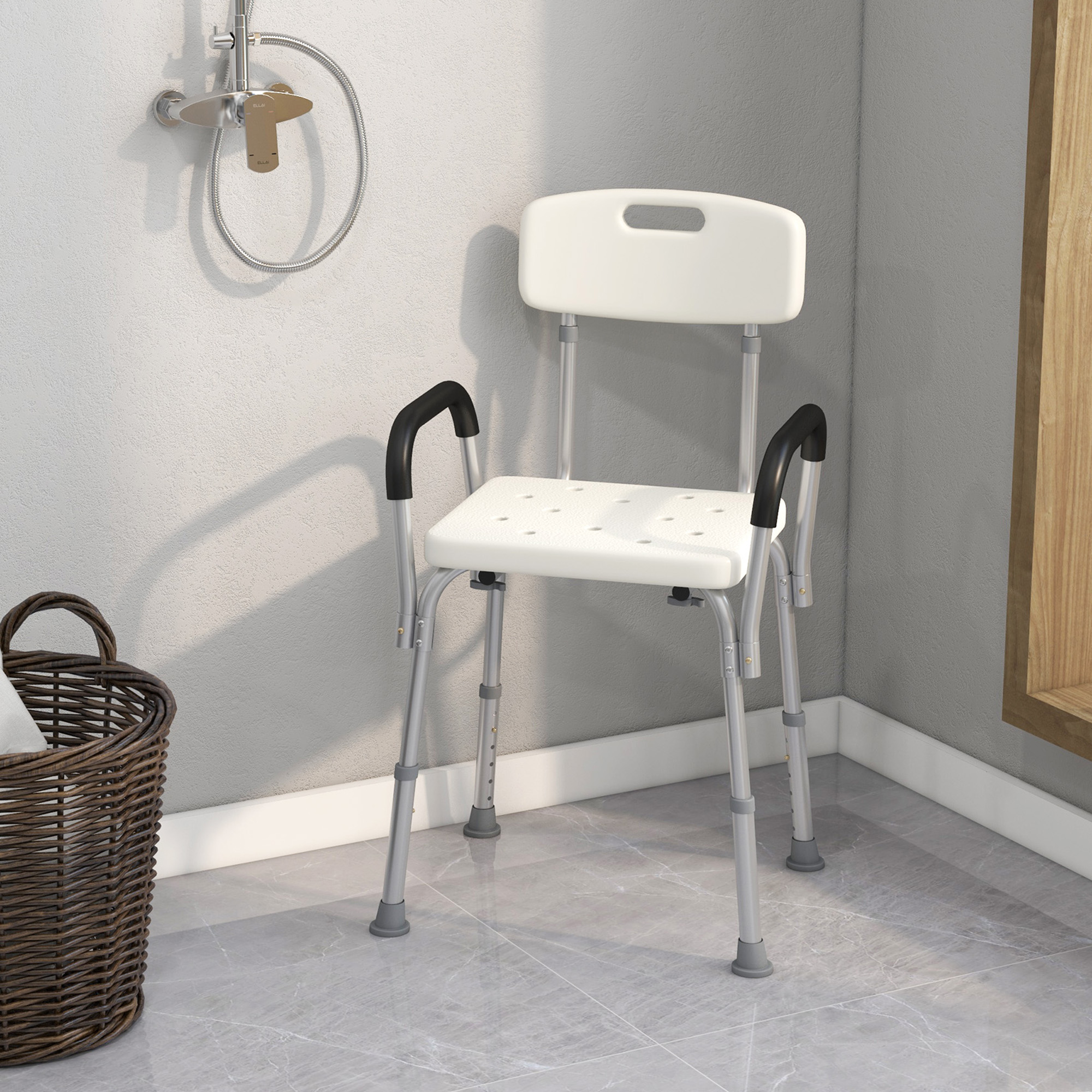 HOMCOM Tabouret de Douche siège de Douche Tabouret de Bain Hauteur réglable 35,5-48,5 cm pivotant à 360° Chaise de Douche en Aluminium et Pied à Caoutchouc TPR antidérapant Max. 135 kg Blanc