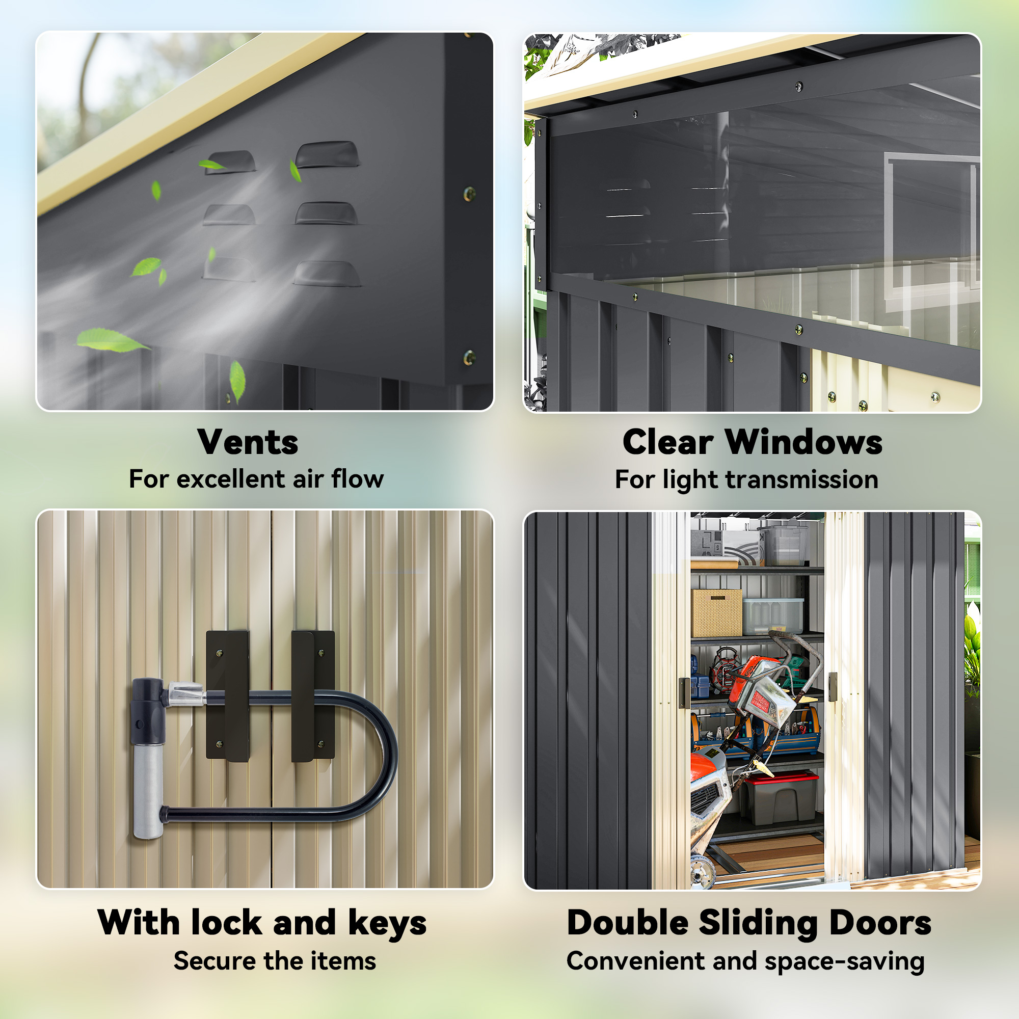  Casuta de Gradina pentru Unelte cu 4 Ferestre si 2 Carlige, din Otel Zincat, 195x122x181.5 cm, Gri [6]