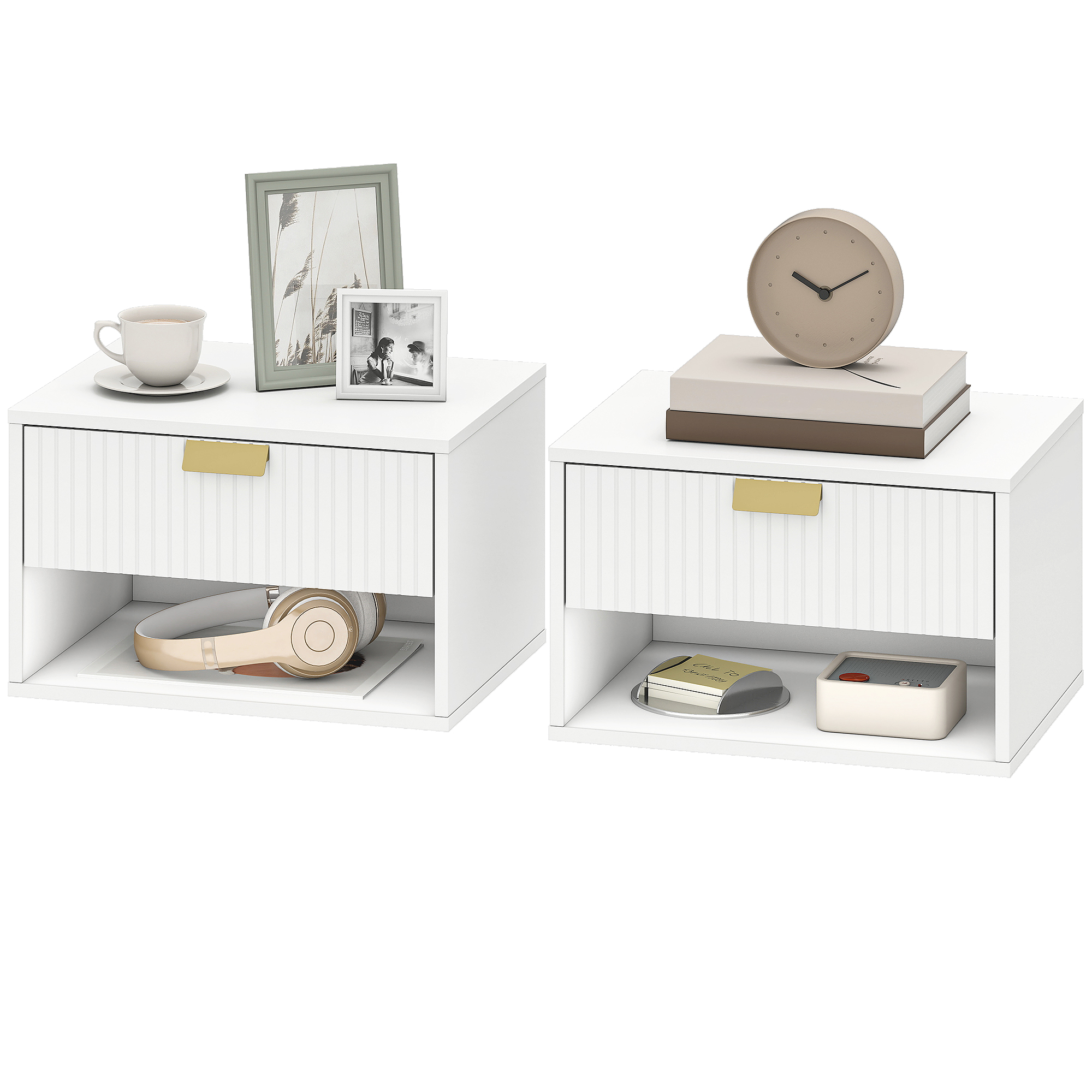 HOMCOM Lot de 2 tables de chevet murales, tables de nuit suspendues avec tiroir rainuré et étagère ouverte, 40 x 30 x 25 cm, blanc