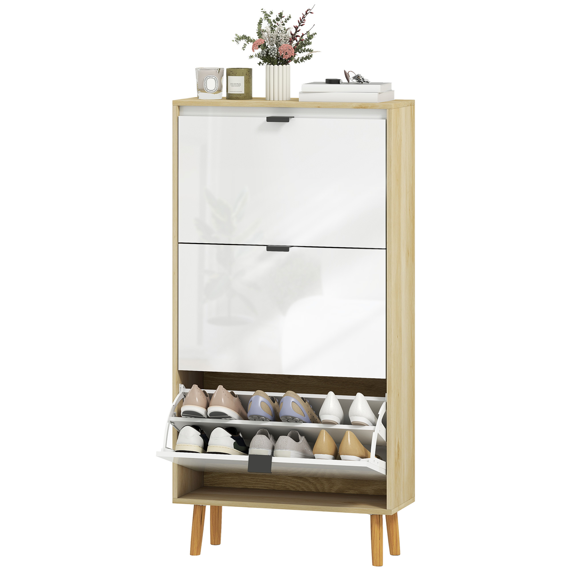 HOMCOM Armoire à Chaussures 3 Tiroirs Rabattables Blanc 60x24x127cm