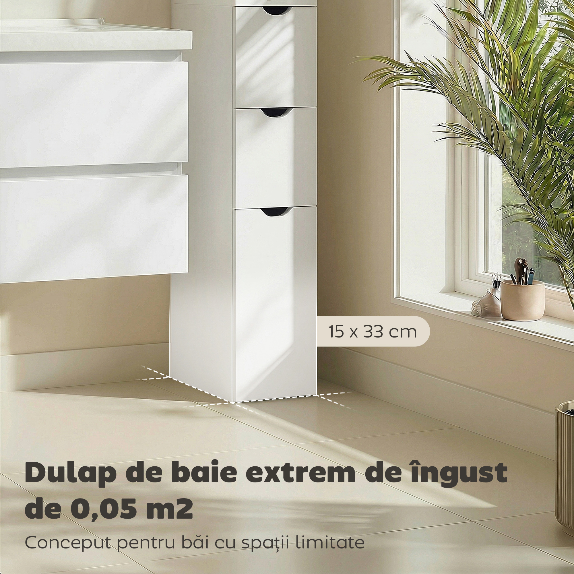  Dulap de Baie din Lemn cu Rafturi si Sertare, 15x33x136 cm, Lemn Natural [3]