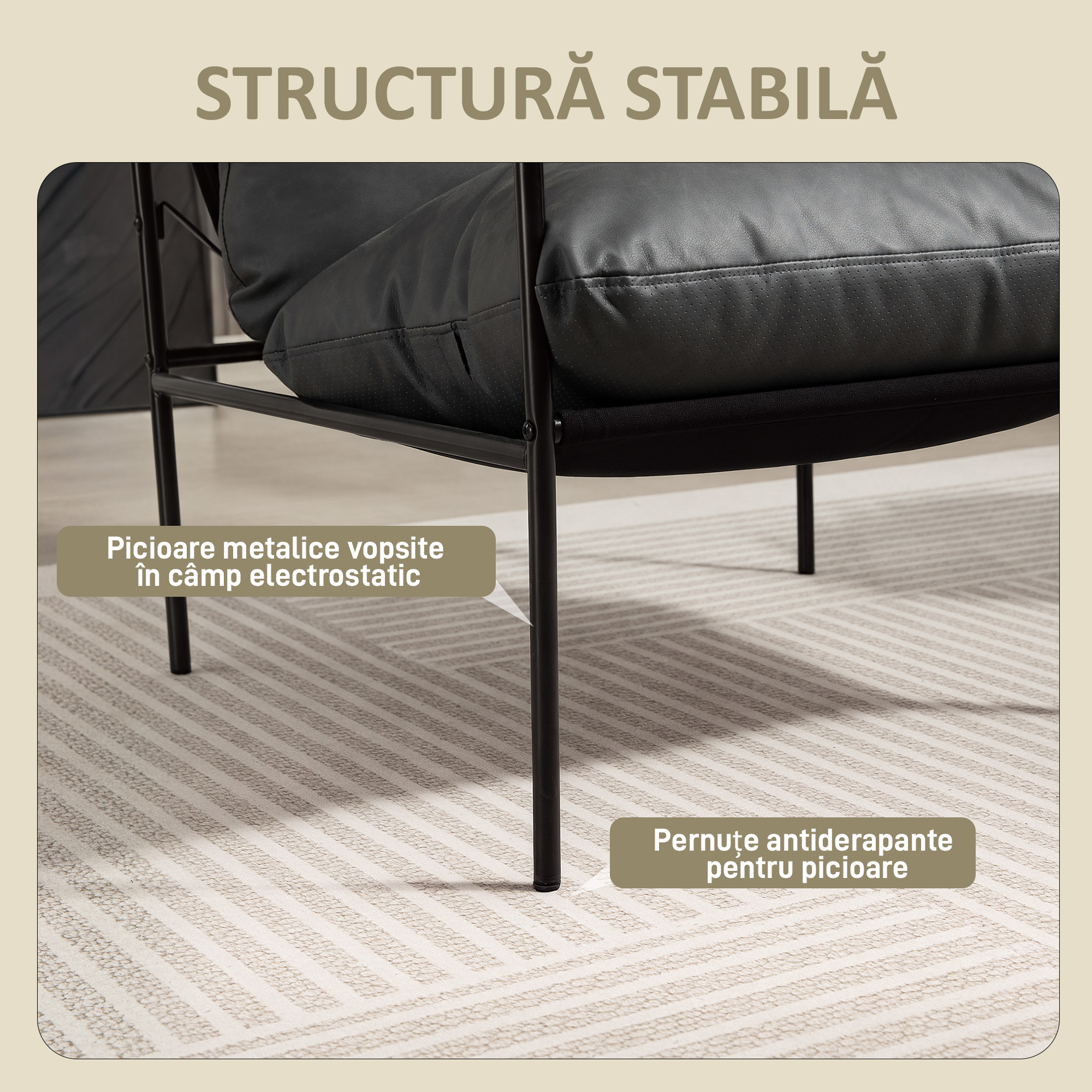  Fotoliu de Living din Piele PU si Cadru Metalic cu Perne Groase, 74,5x75x77 cm, Gri Carbune [4]