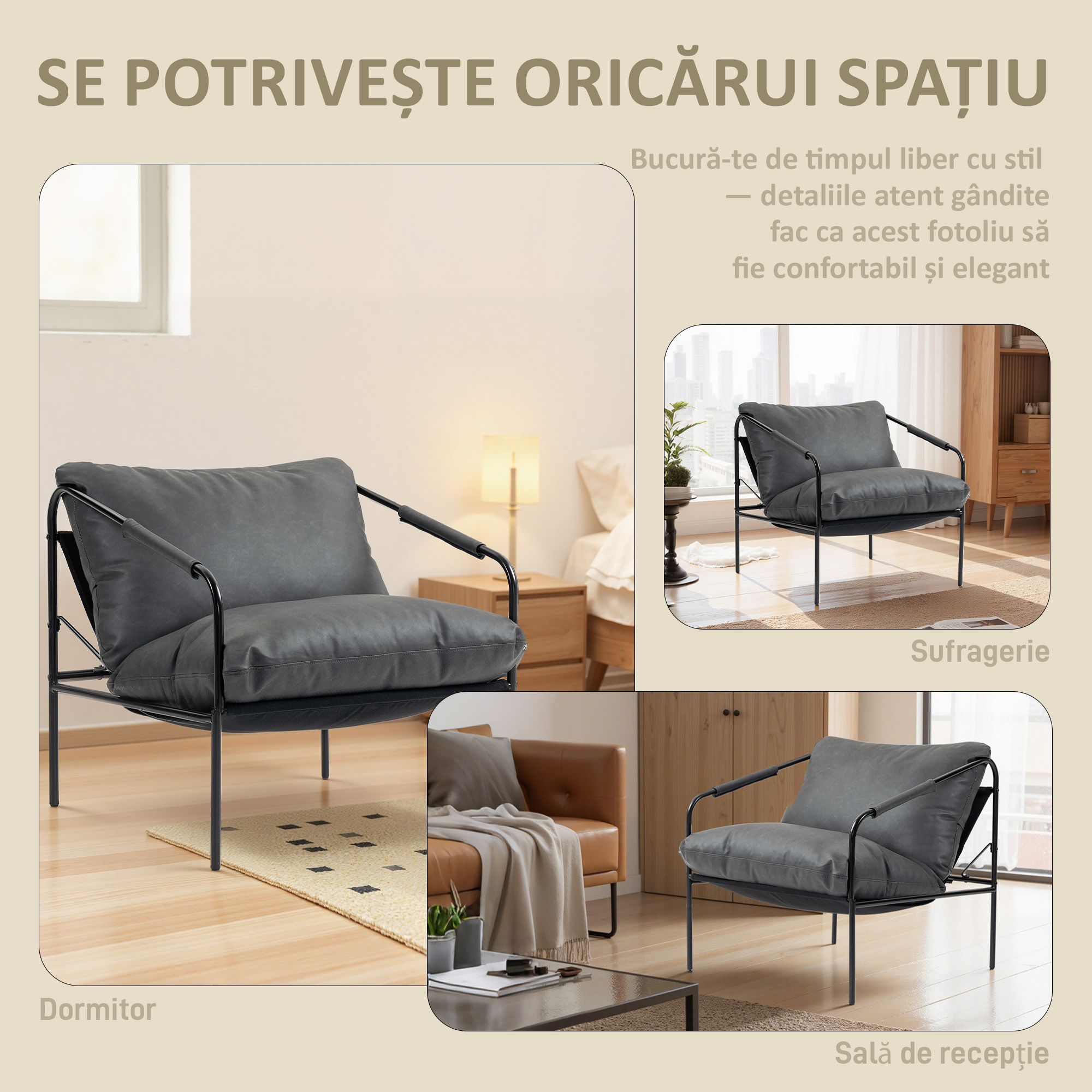  Fotoliu de Living din Piele PU si Cadru Metalic cu Perne Groase, 74,5x75x77 cm, Gri Carbune [5]
