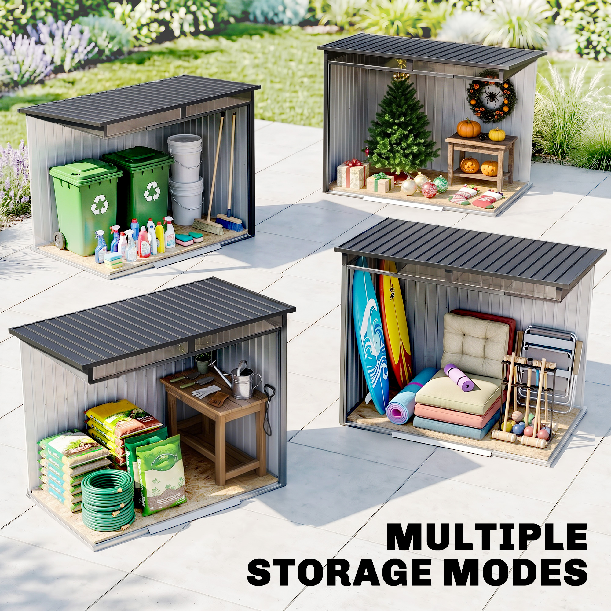  Casuta de Gradina pentru Unelte cu 4 Ferestre si 2 Carlige, din Otel Zincat, 195x122x181.5 cm, Gri [7]