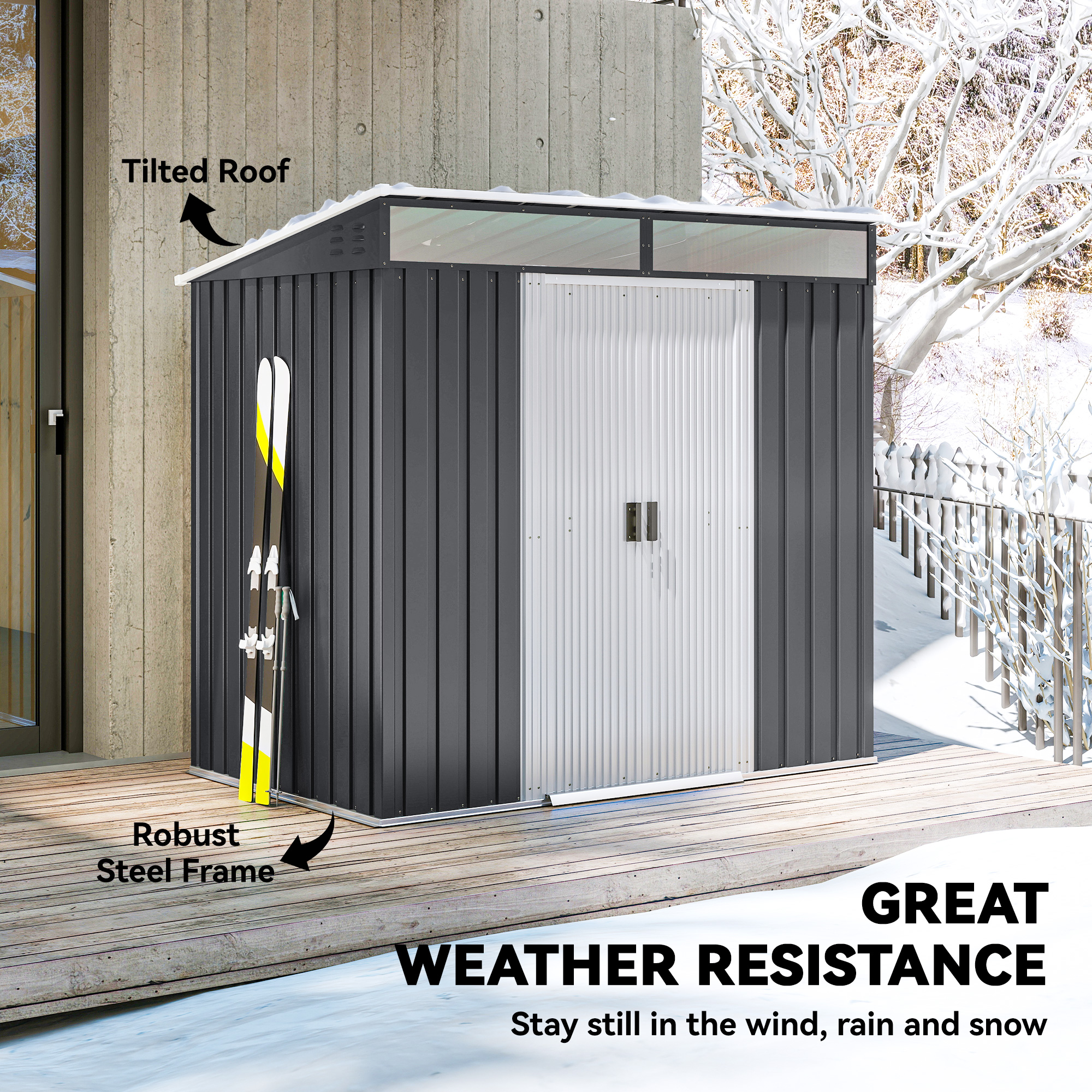  Casuta de Gradina pentru Unelte cu 4 Ferestre si 2 Carlige, din Otel Zincat, 195x122x181.5 cm, Gri [5]