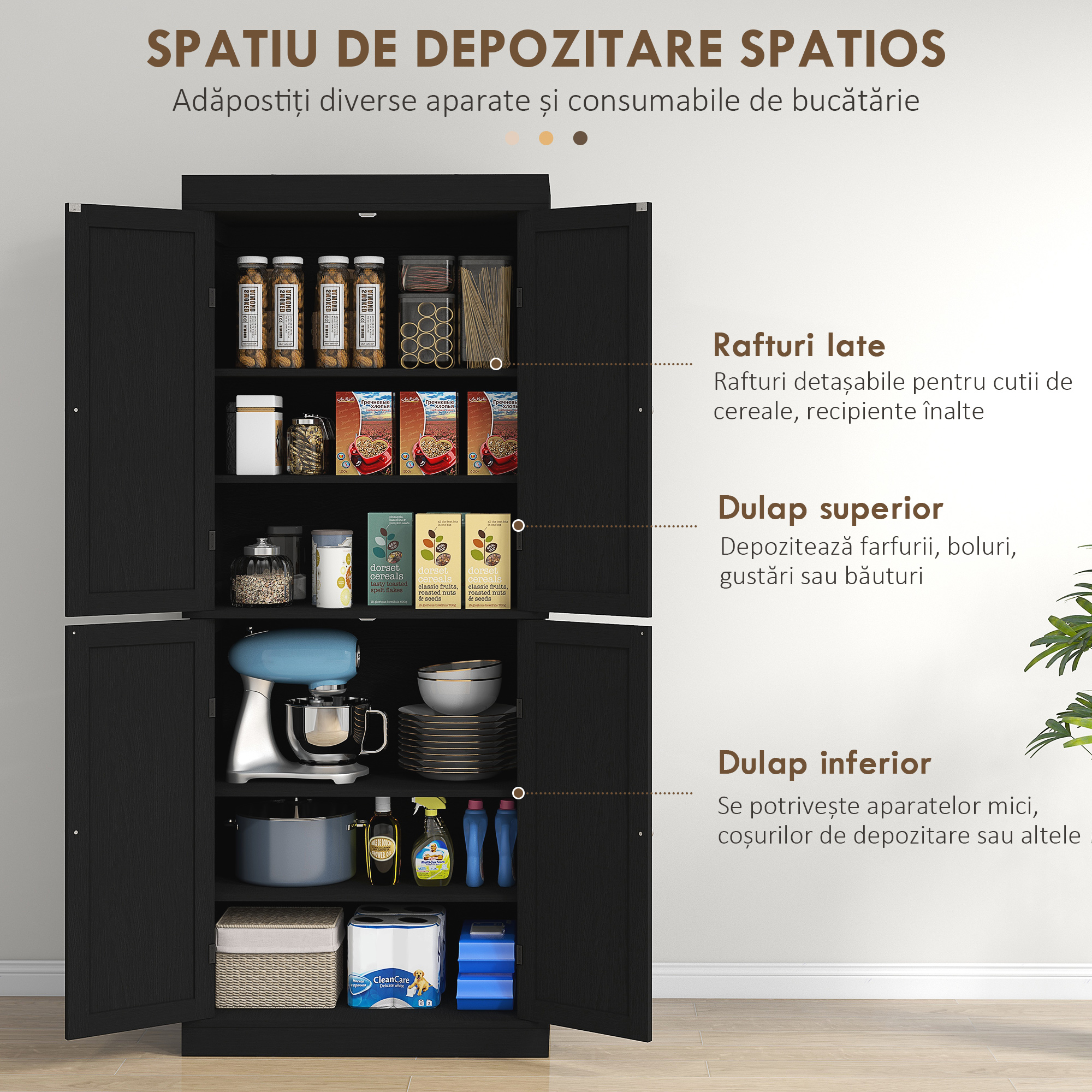  Dulap inalt de Bucatarie cu 6 Rafturi Reglabile si 4 Usi din Lemn, 76x40.5x184 cm, Negru [3]