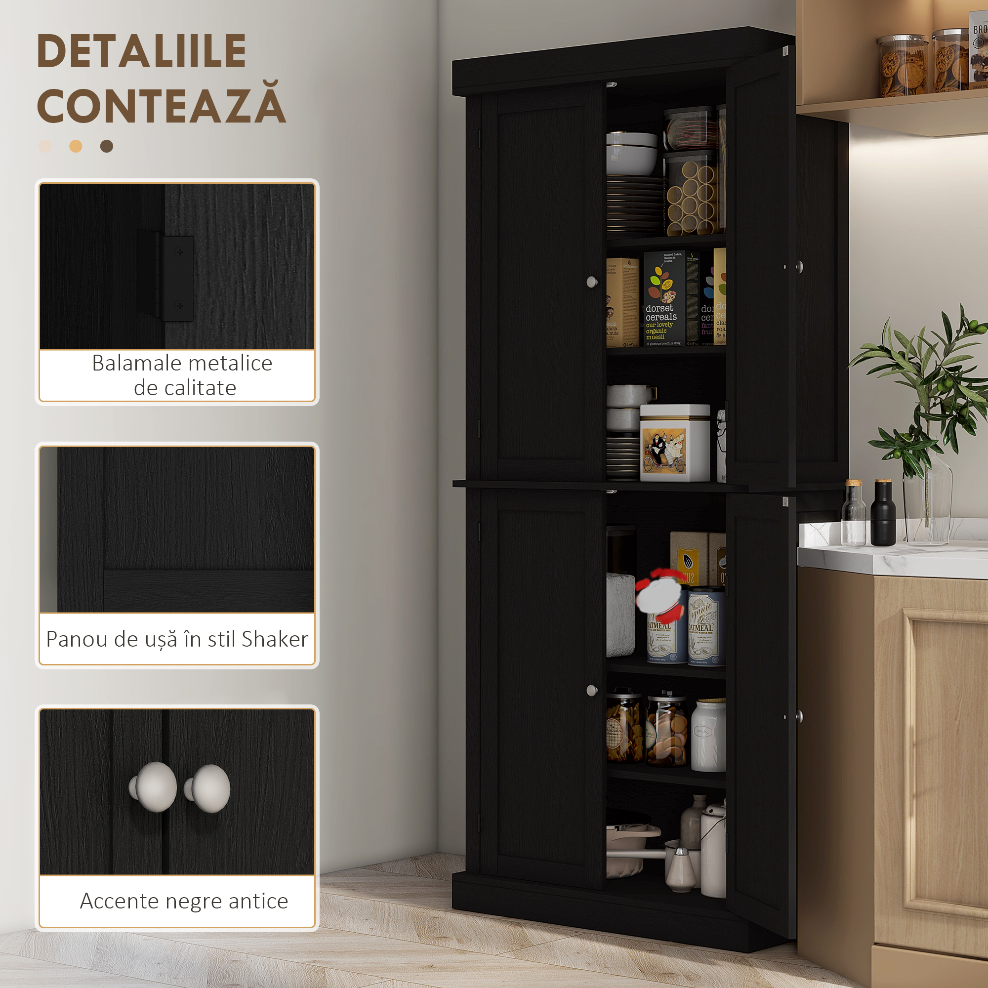  Dulap inalt de Bucatarie cu 6 Rafturi Reglabile si 4 Usi din Lemn, 76x40.5x184 cm, Negru [6]