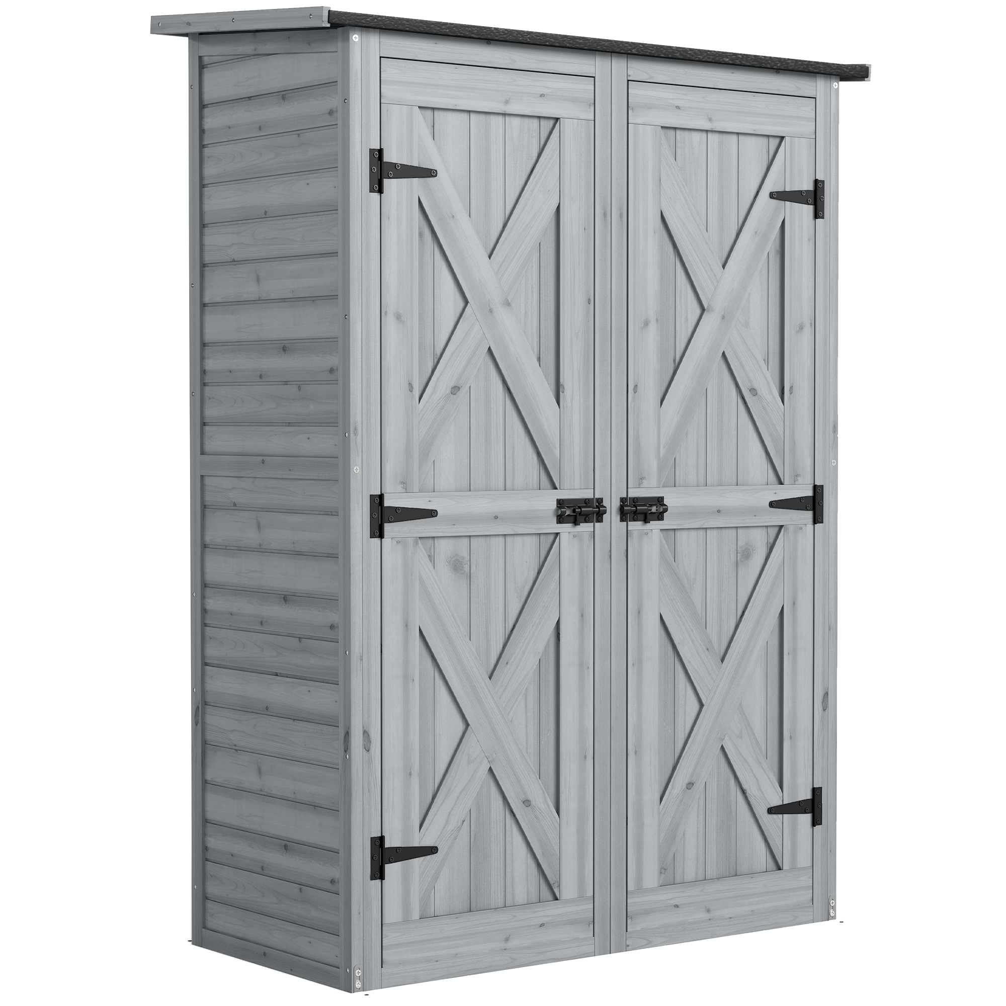 Outsunny Caseta de Jardín de Madera 115x53x156 cm Armario para Herramientas con Puertas Dobles y Estantes Techo Inclinado Gris