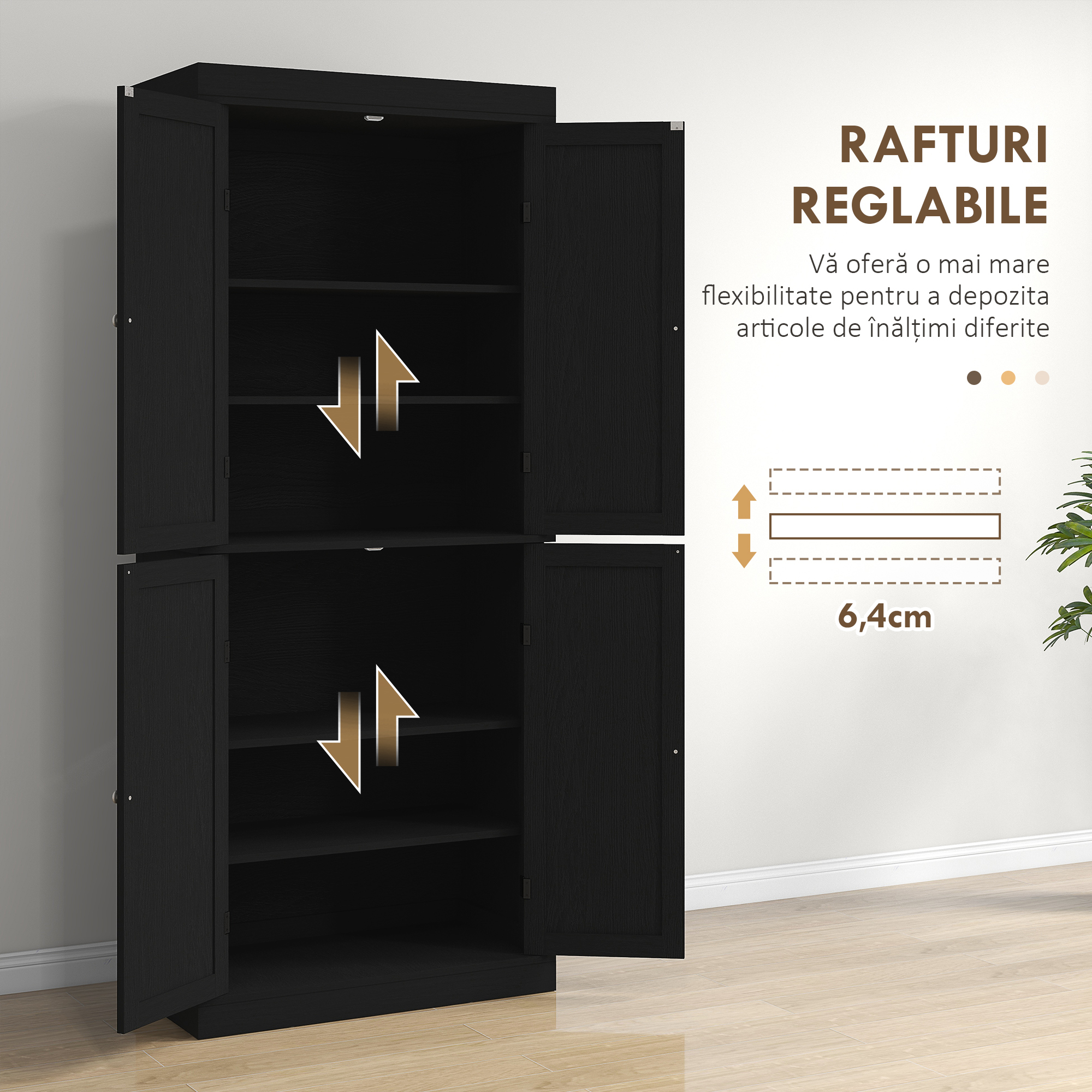  Dulap inalt de Bucatarie cu 6 Rafturi Reglabile si 4 Usi din Lemn, 76x40.5x184 cm, Negru [4]