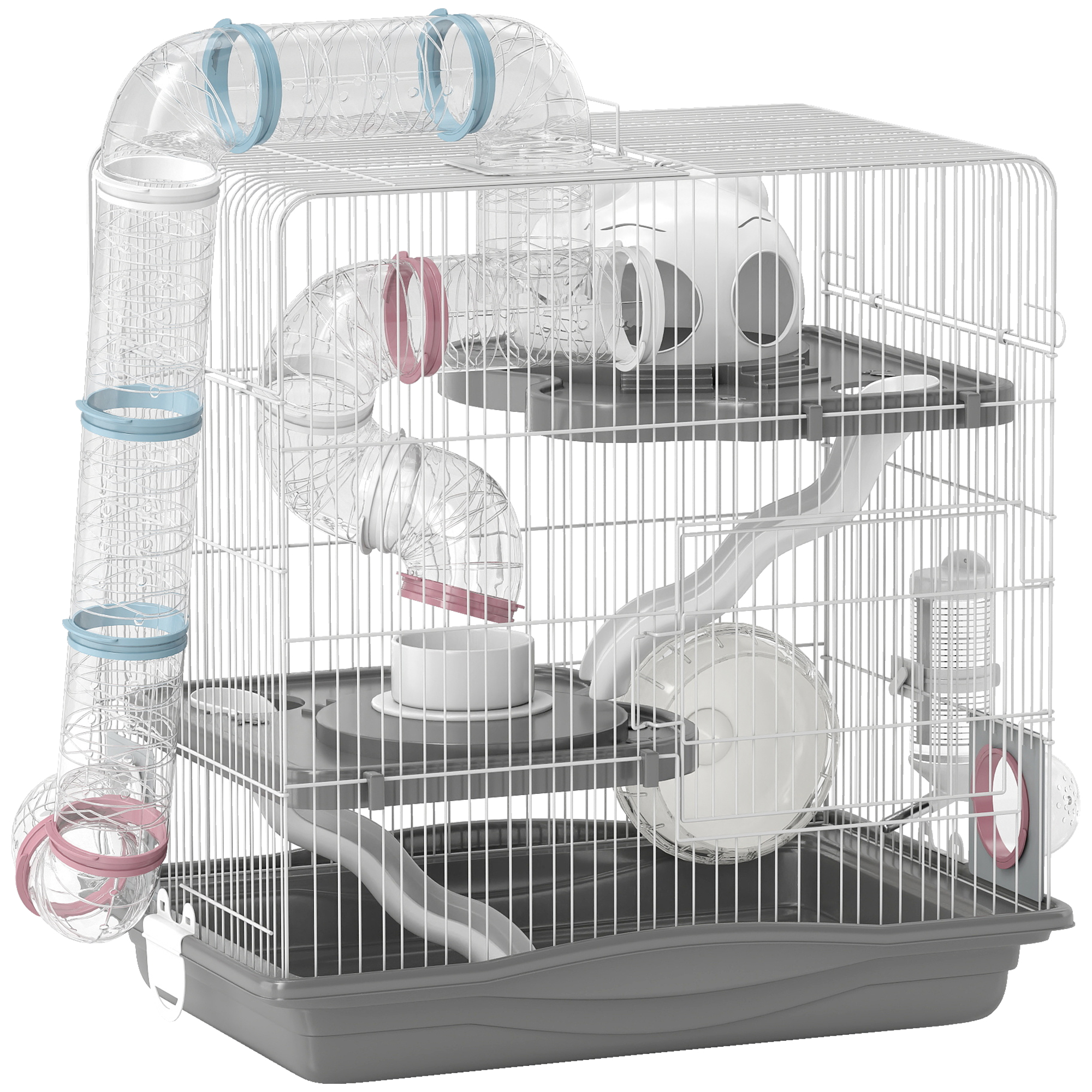 Comparer les prix de PawHut Cage hamster, cage rongeur à 3 niveaux, roue d'exercice, tunnel, gamelle, niche et rampe d'accès, 45 x 30 x 45 cm, gris