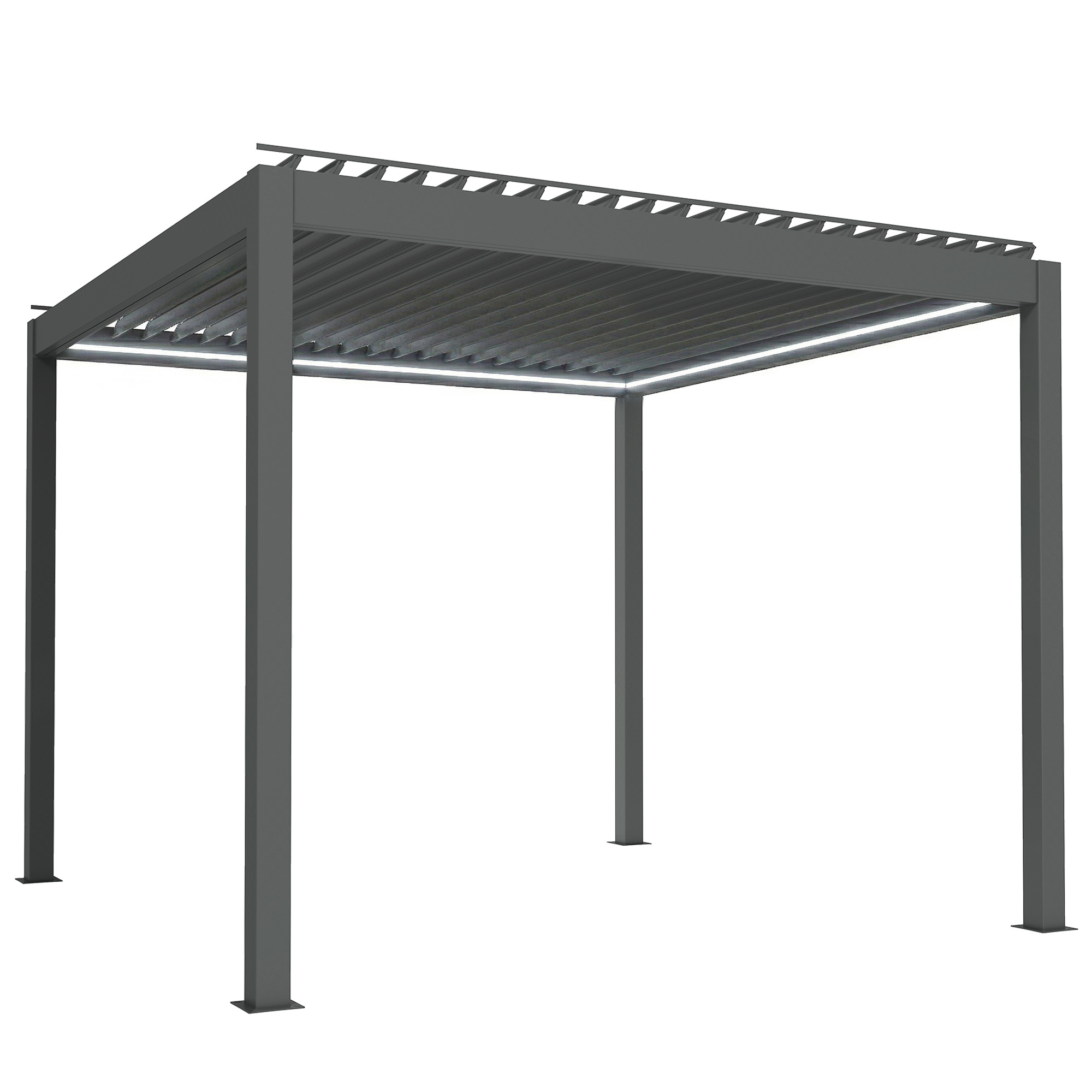 Outsunny 3 x 3(m) Electric Louvered Pergola with LED Lights, Aluminium Pergola Hardtop Gazebo with Remote, Adjustable Roof and Drainage System, Water and UV Proof