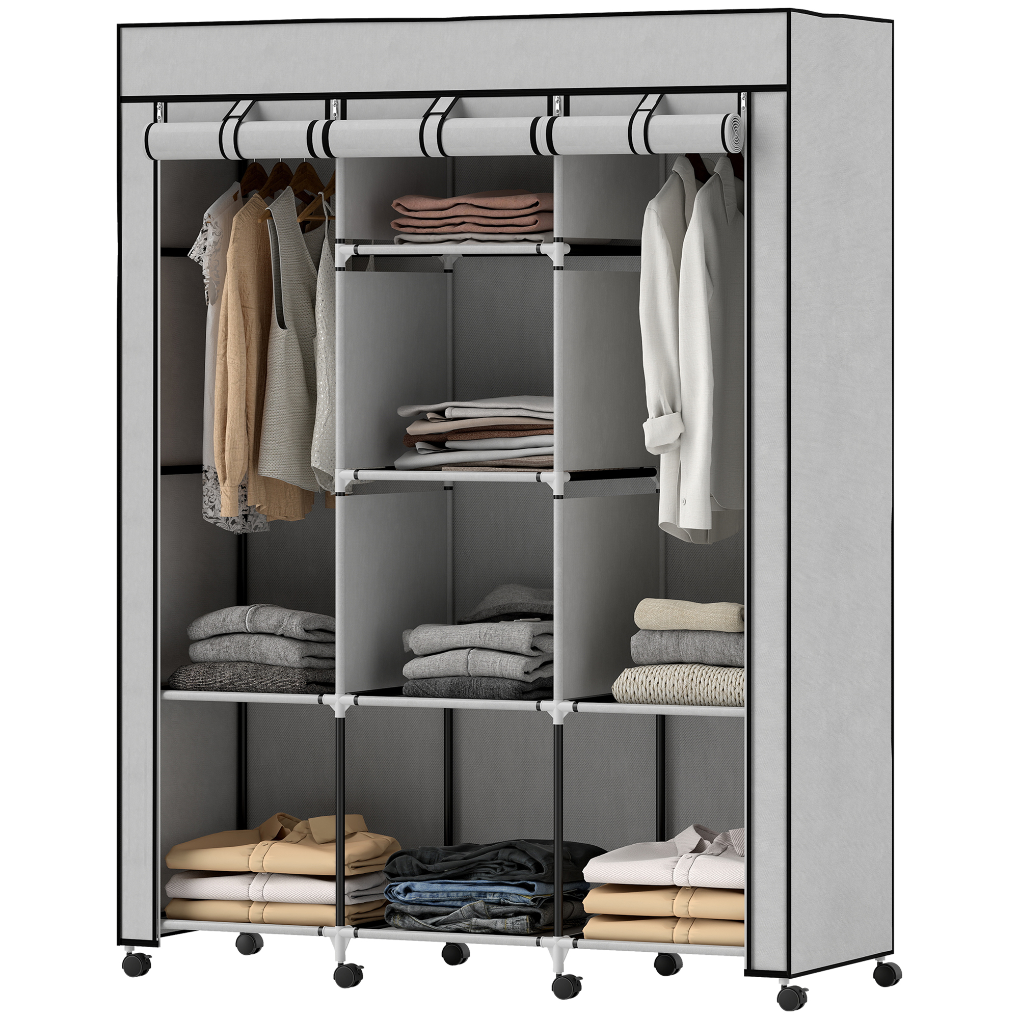 HOMCOM Armoire penderie multi-rangement - 8 étagères, 2 barres - non tissé gris