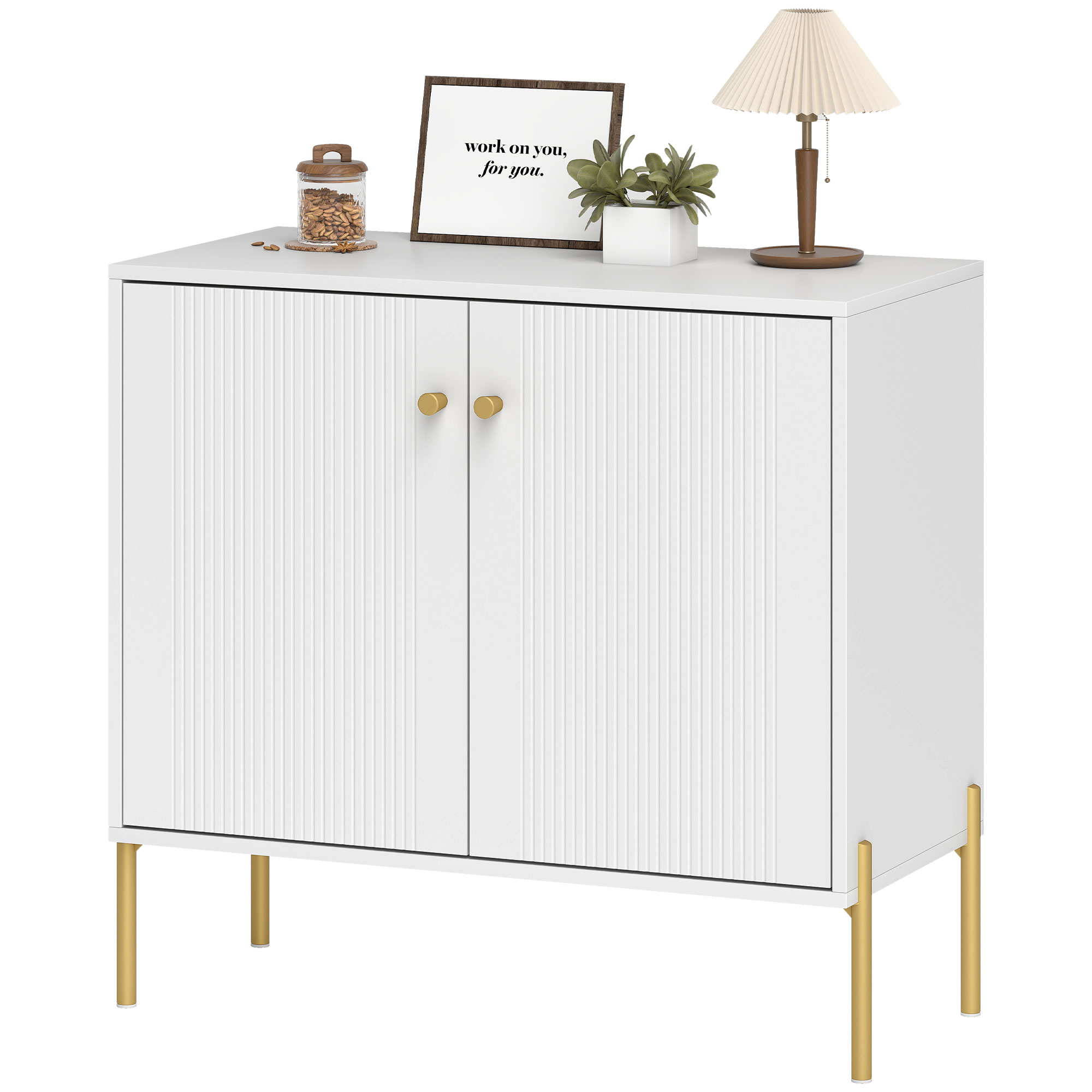 HOMCOM Buffet salon, meuble de rangement avec double porte cannelée, étagère réglable, pieds en acier, 80 x 39,1 x 76 cm, blanc