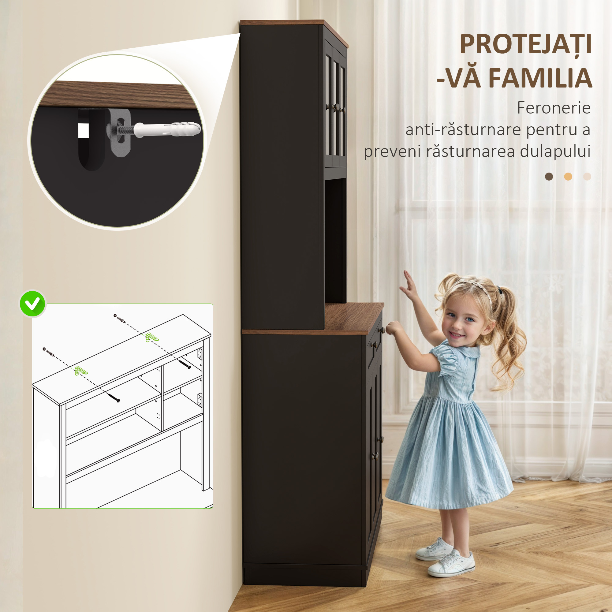  Dulap inalt de Bucatarie cu 4 Dulapuri, 2 Sertare si Blat Central, 100x40x180 cm, Negru [5]