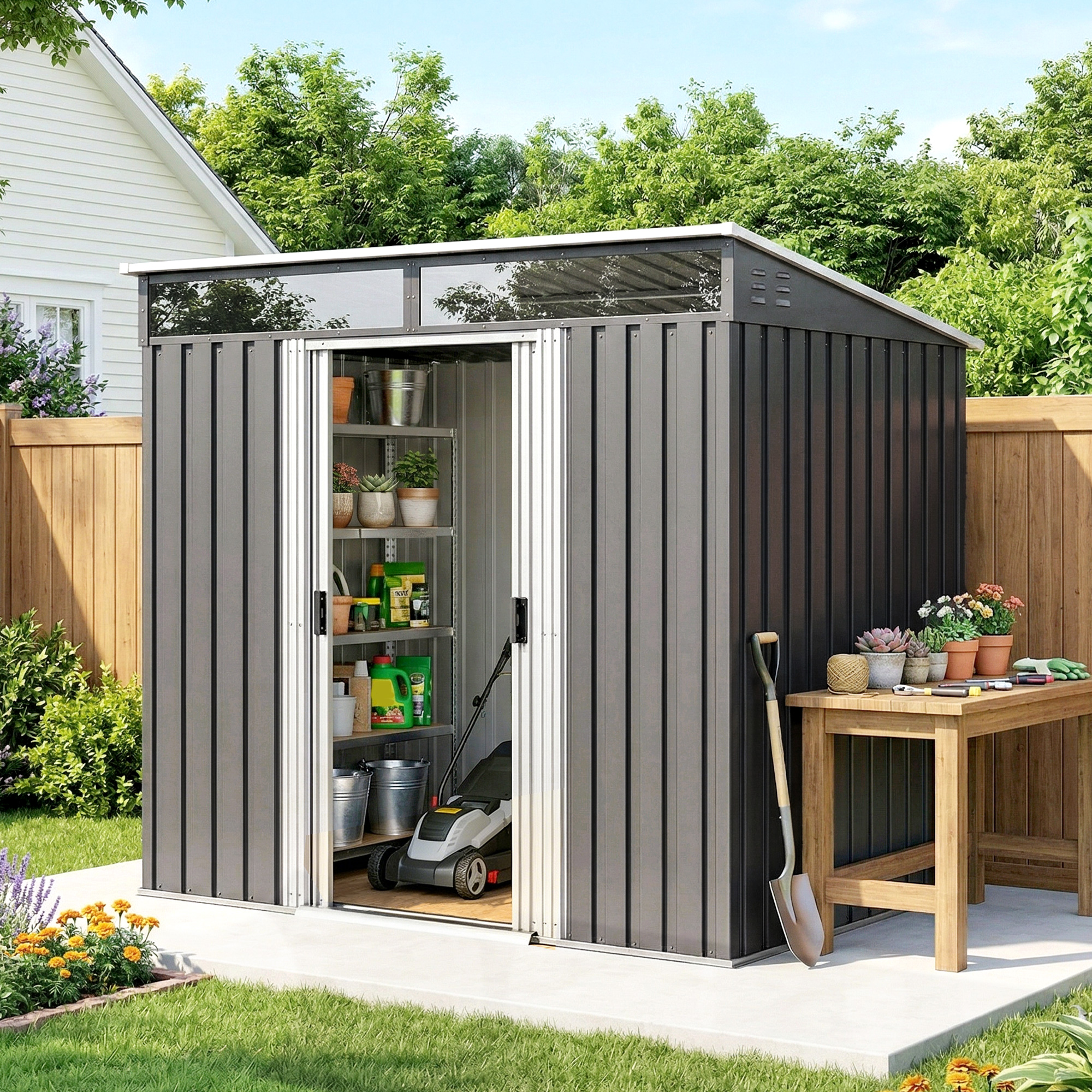  Casuta de Gradina pentru Unelte cu 4 Ferestre si 2 Carlige, din Otel Zincat, 195x122x181.5 cm, Gri [8]