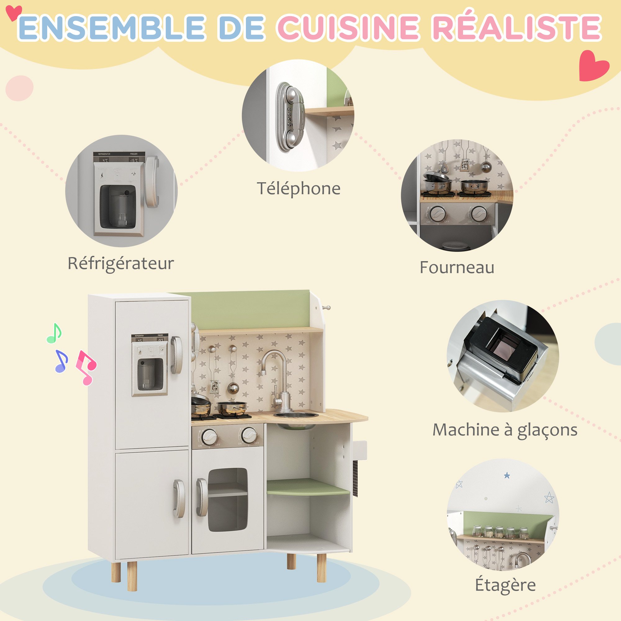 COSTWAY Cuisine En Bois Enfant 110x43x92 Cm – Effets Sonores Et Lumières, Micro-ondes, Cafetière, Machine à Glaçons – Jeu D'imitation 3 Ans+