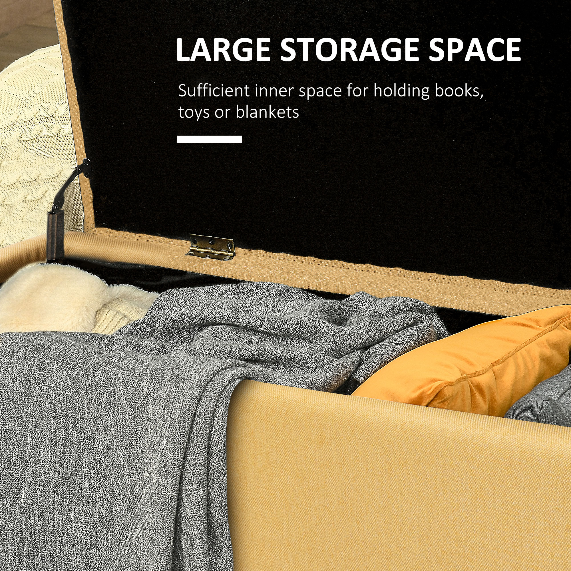  Banca pentru Capatul Patului cu Spatiu de Depozitare si Tapiterie din Poliester Galben, 101x38.5x44.5 cm [3]