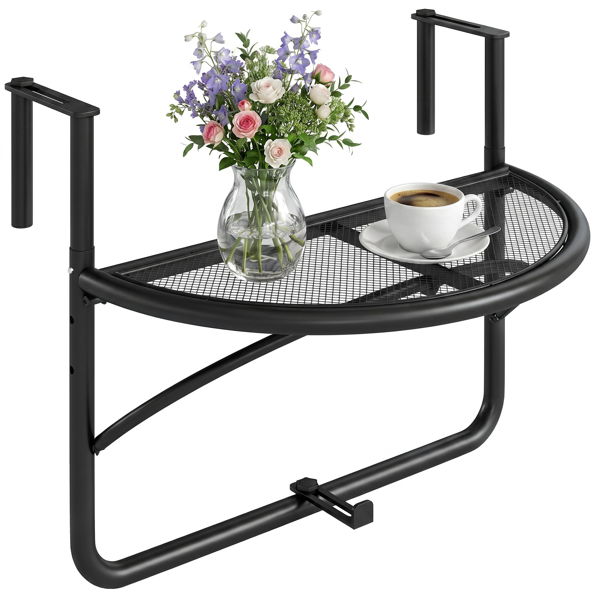 Outsunny balkon hangtafel halfrond verstelbaar balkontafel reling weerbestendig metalen inklapbaar klein balkon tafel 60x45 cm zwart | Aosom.nl