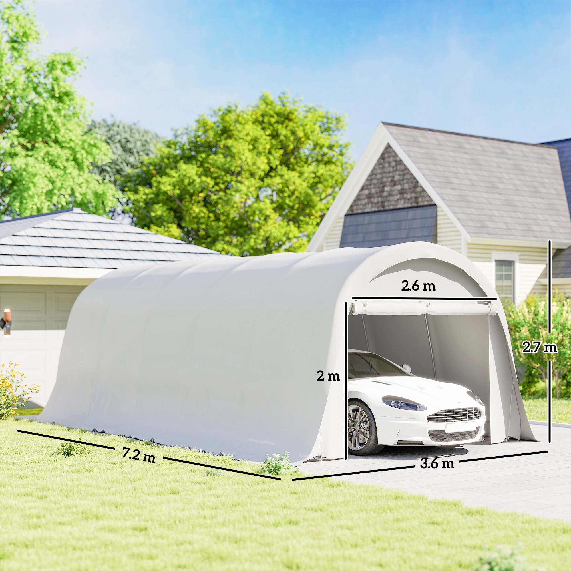 Carport  3,6 x 7,2 m Rezistent, Garaj Portabil cu Protectie Solara UPF50+, Cadru Galvanizat, Usa Mare Rulanta pentru Masini, Camioane, Barci, Motociclete, Biciclete, Alb Crem [2]
