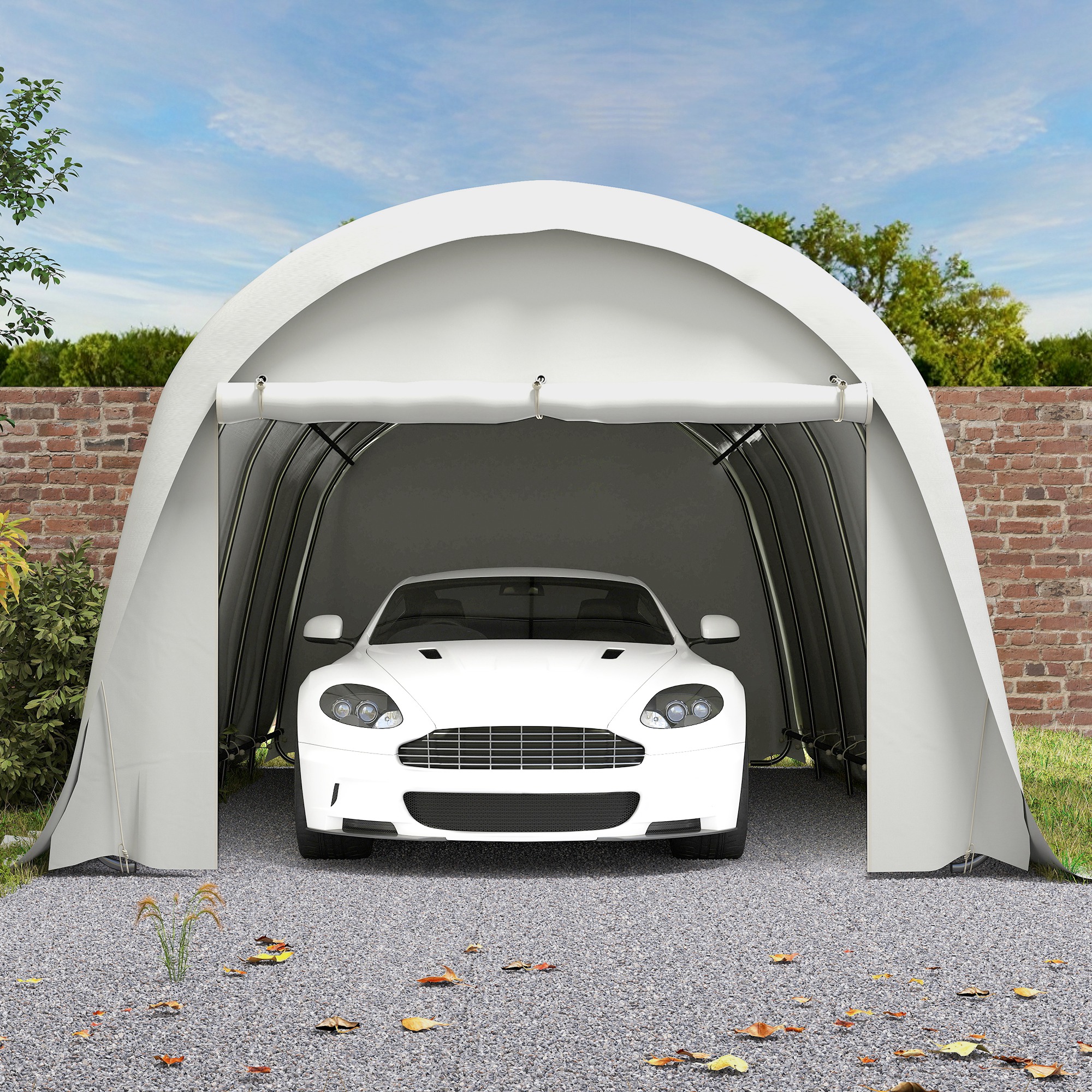 Carport  3,6 x 7,2 m Rezistent, Garaj Portabil cu Protectie Solara UPF50+, Cadru Galvanizat, Usa Mare Rulanta pentru Masini, Camioane, Barci, Motociclete, Biciclete, Alb Crem [8]
