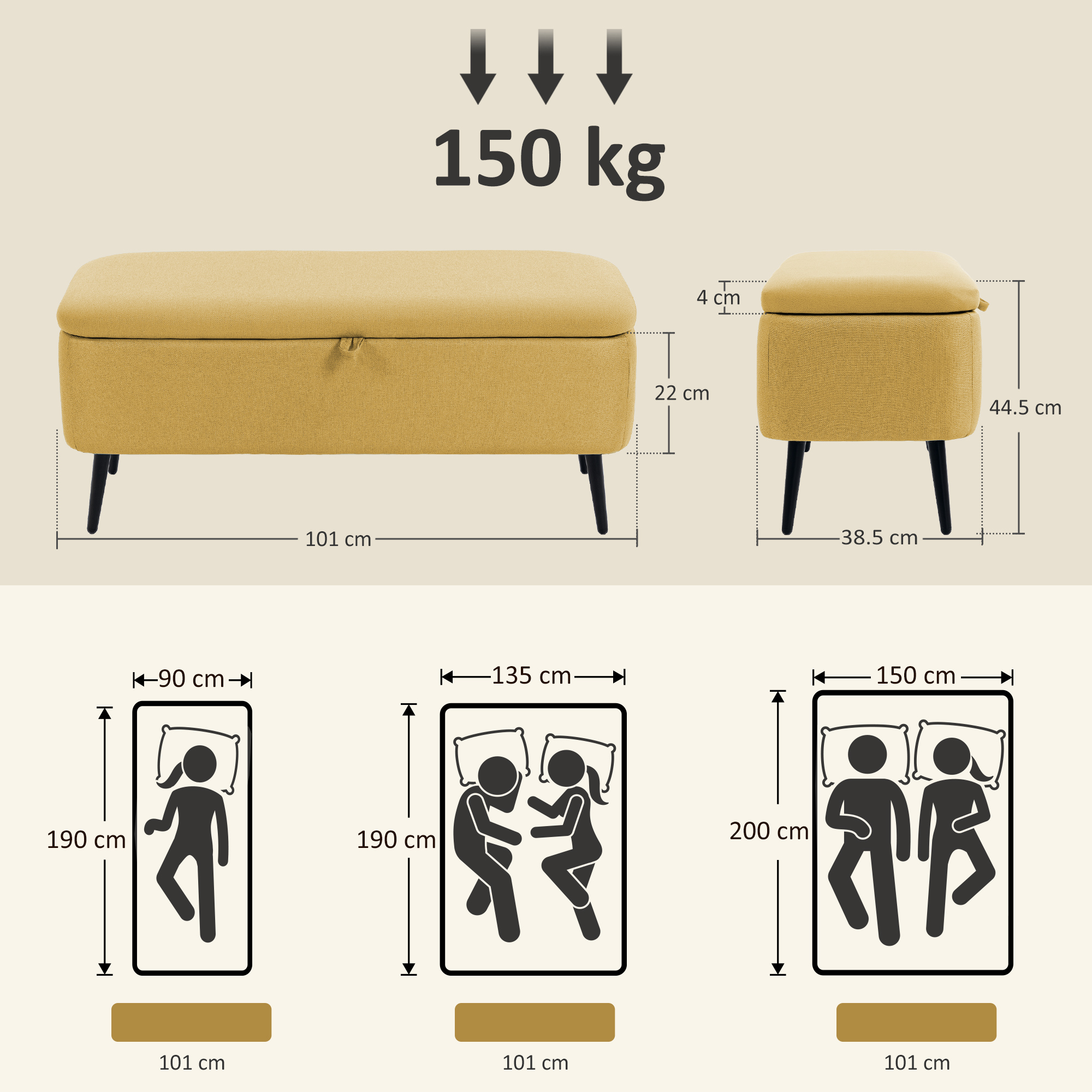  Banca pentru Capatul Patului cu Spatiu de Depozitare si Tapiterie din Poliester Galben, 101x38.5x44.5 cm [2]