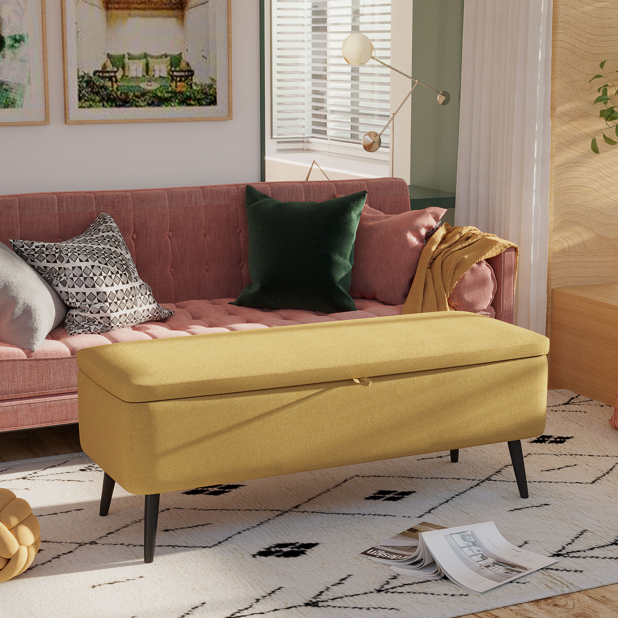  Banca pentru Capatul Patului cu Spatiu de Depozitare si Tapiterie din Poliester Galben, 101x38.5x44.5 cm [1]