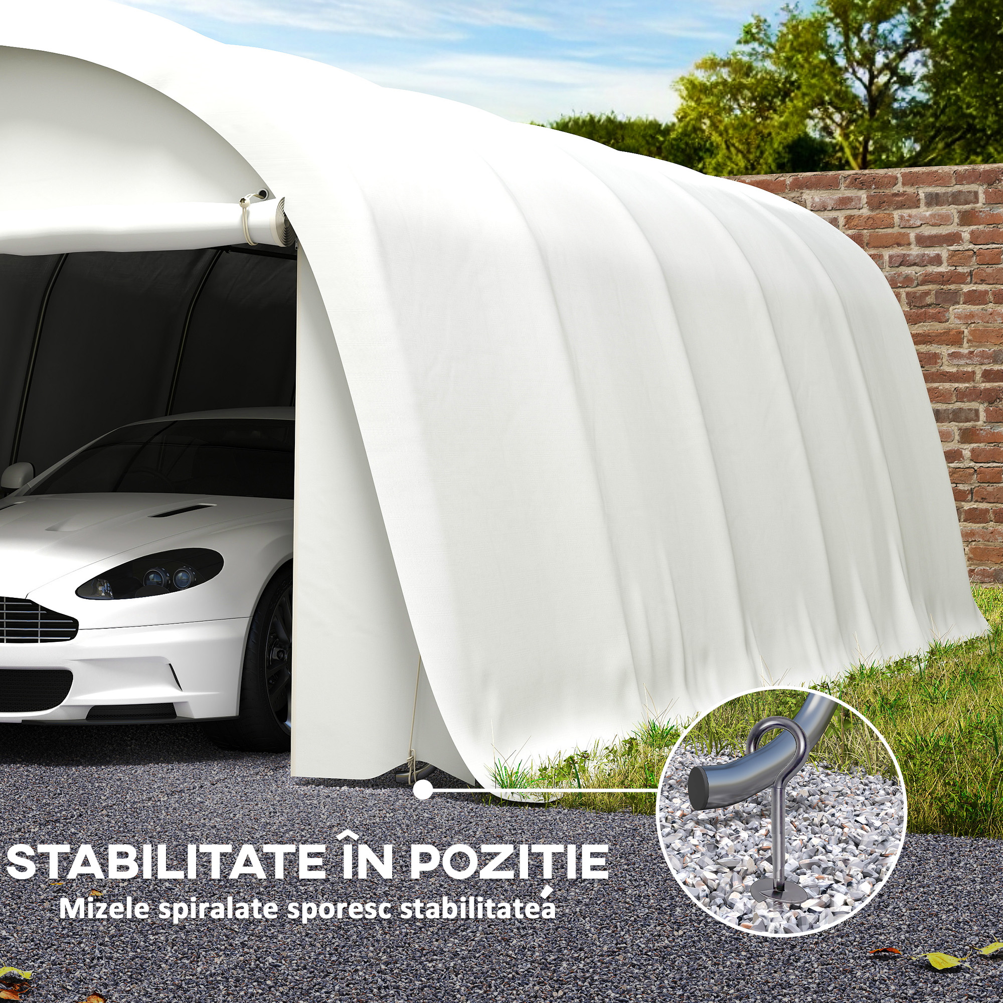 Carport  3,6 x 7,2 m Rezistent, Garaj Portabil cu Protectie Solara UPF50+, Cadru Galvanizat, Usa Mare Rulanta pentru Masini, Camioane, Barci, Motociclete, Biciclete, Alb Crem [6]