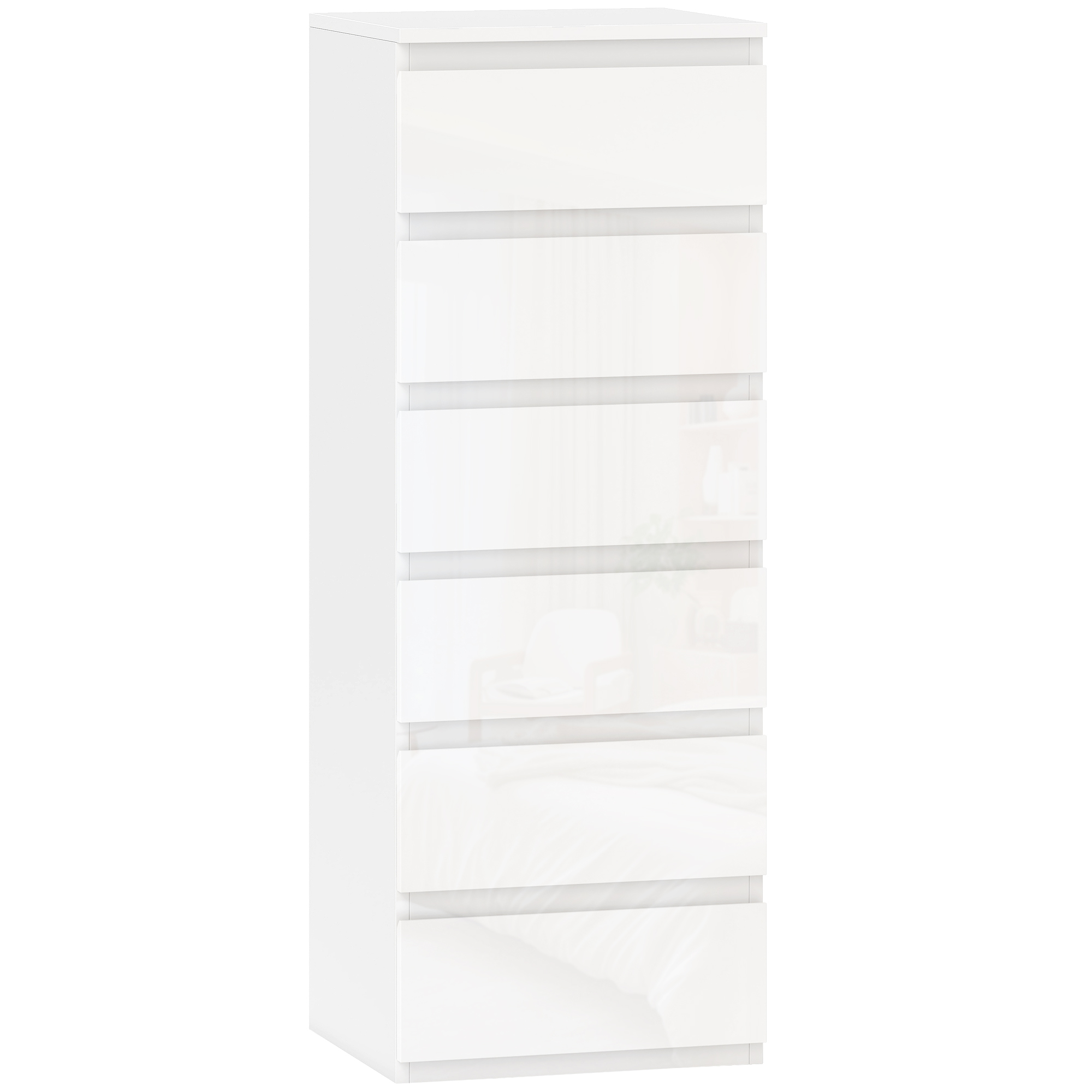 HOMCOM Comodă 6 sertare cu luciu înalt mobilier de depozitare îngust fără mânere 40 x 35 x 109 cm alb | Aosom Romania