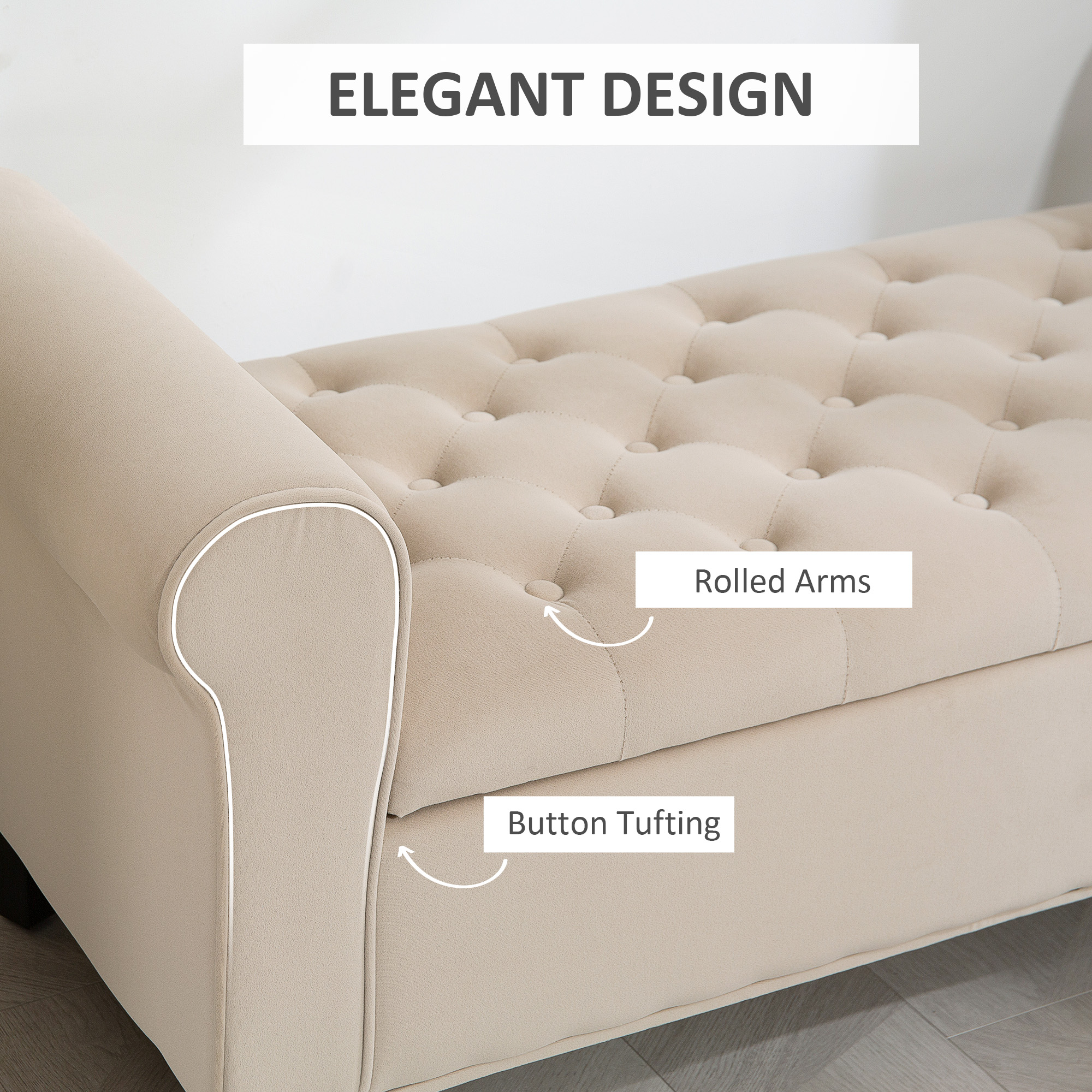  Panca Fondo Letto in Tessuto Vellutato con Spazio Portaoggetti e Braccioli, 126x48.5x57 cm, Beige [5]