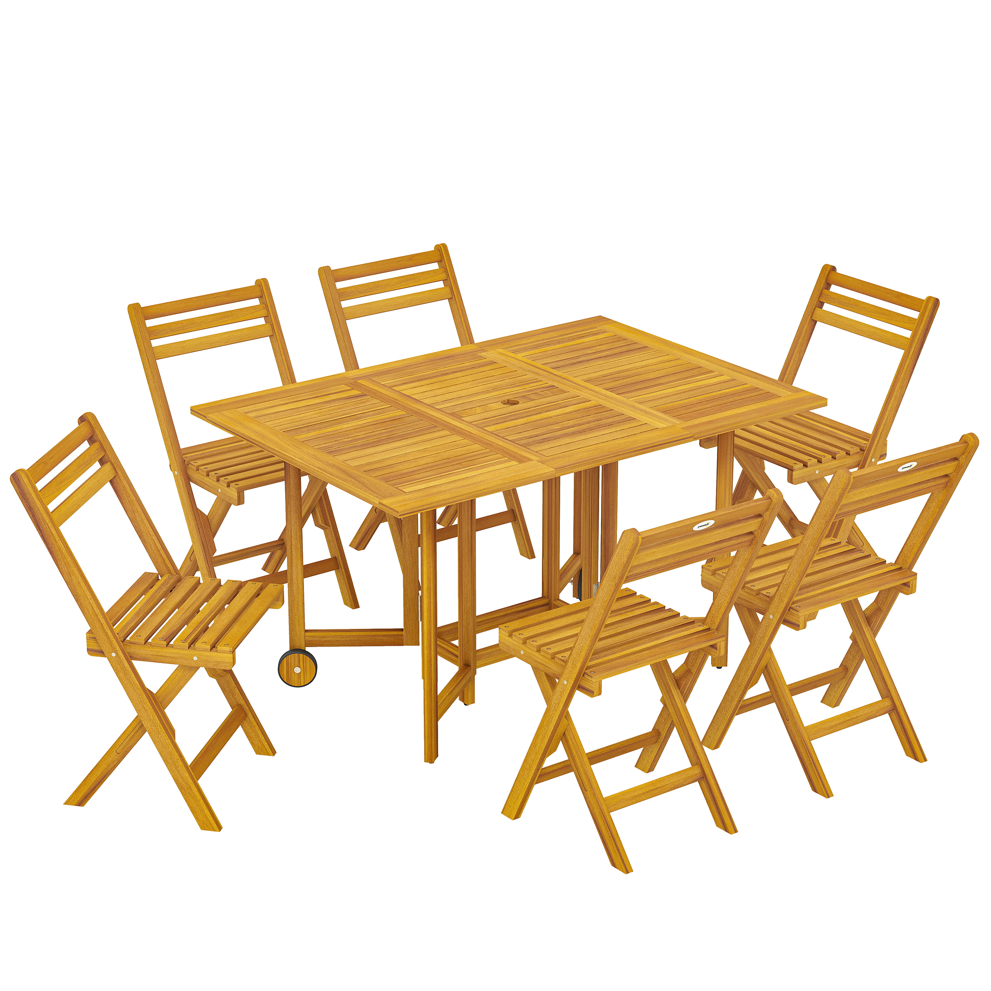 Outsunny 7 Pieces Garden Dining Set, Extending Dining Table and 6 Folding Chairs with Umbrella Hole for Patio, Natural Wood