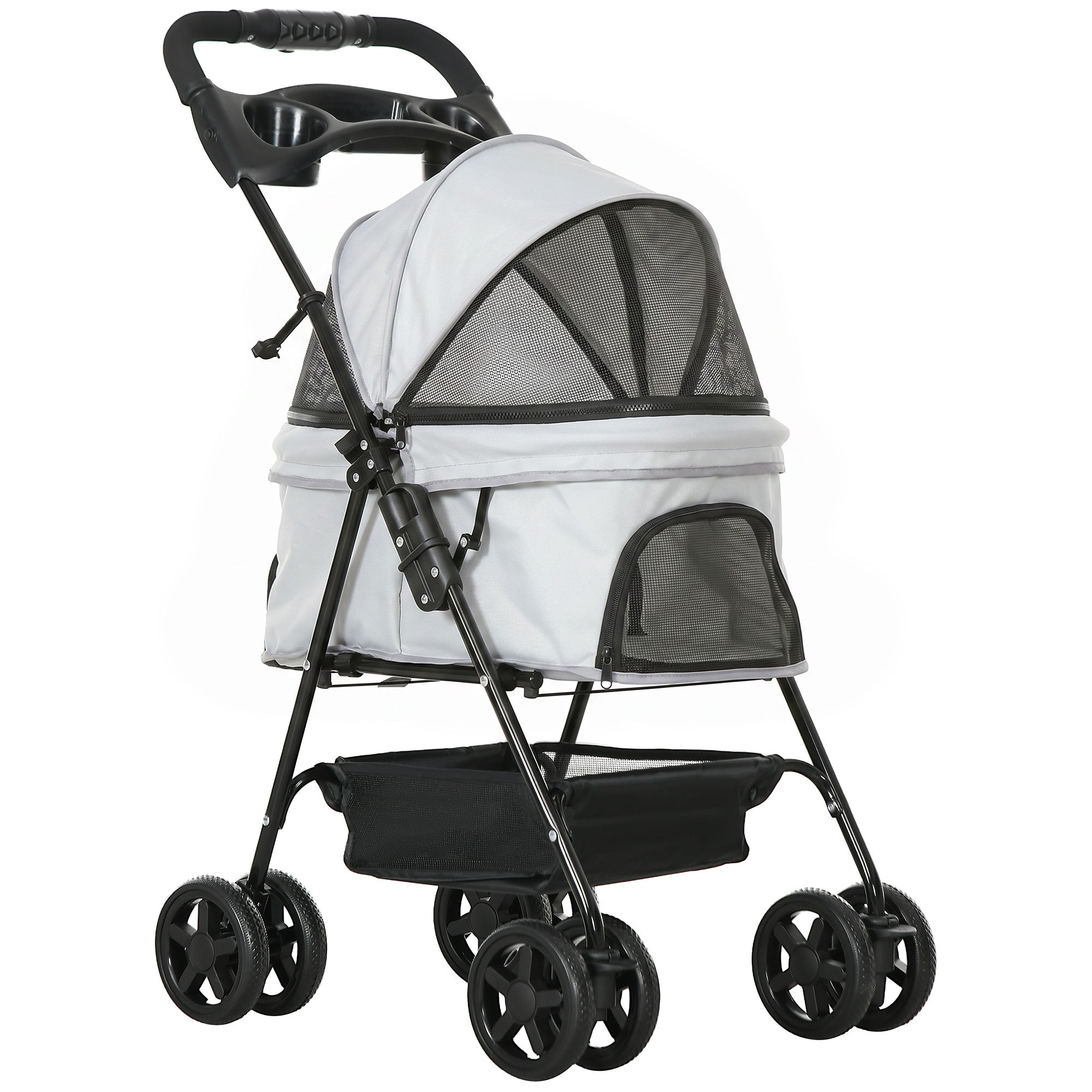 PawHut Zusammenklappbarer Hundewagen, Kleiner Hundewagen mit 4 EVA-Rädern, Schwenkbar und mit Bremse, Korb, Sicherheitsgurte, Verstellbares Verdeck, Getränkehalter und Fenster, 67x45x96 cm, Hellgrau Aosom