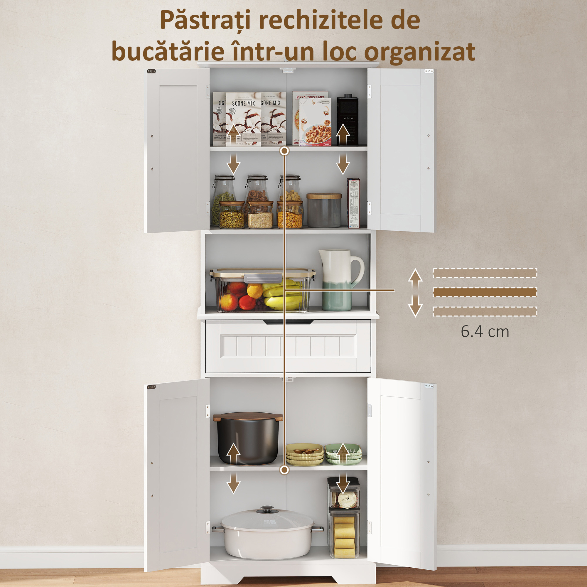  Credenta de Bucatarie cu 2 Dulapuri si Sertar, Blat Central Deschis si Rafturi Reglabile, Alb [3]