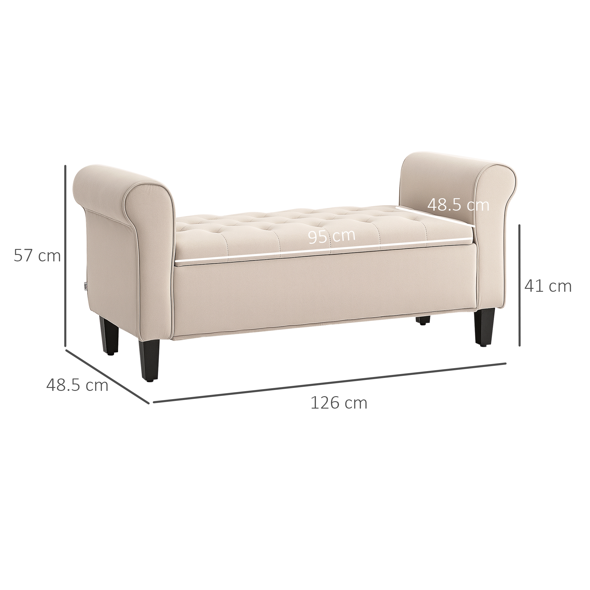  Panca Fondo Letto in Tessuto Vellutato con Spazio Portaoggetti e Braccioli, 126x48.5x57 cm, Beige [2]