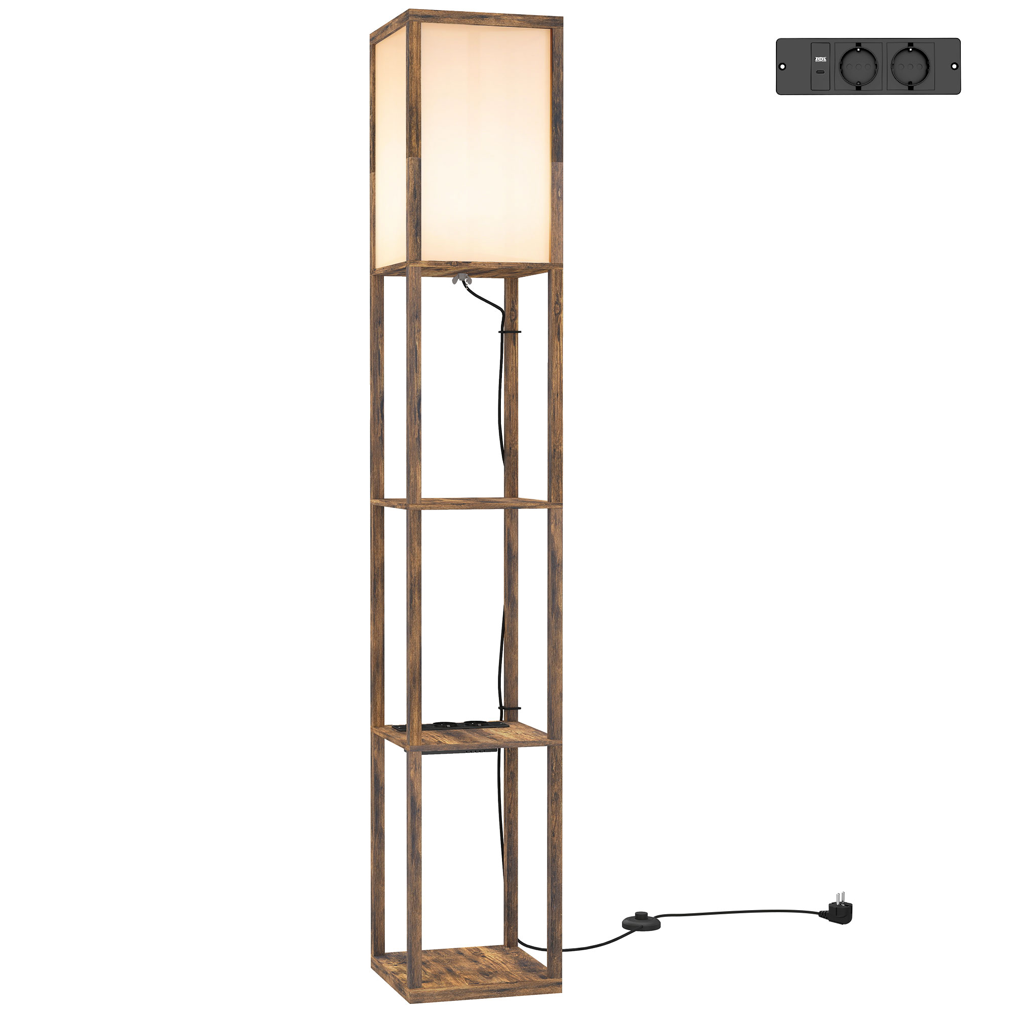 HOMCOM Lampa stojąca LED z półkami, lampa z przełącznikiem nożnym i portami USB, regulowana temperatura barwowa, rustykalny brąz | Aosom PL