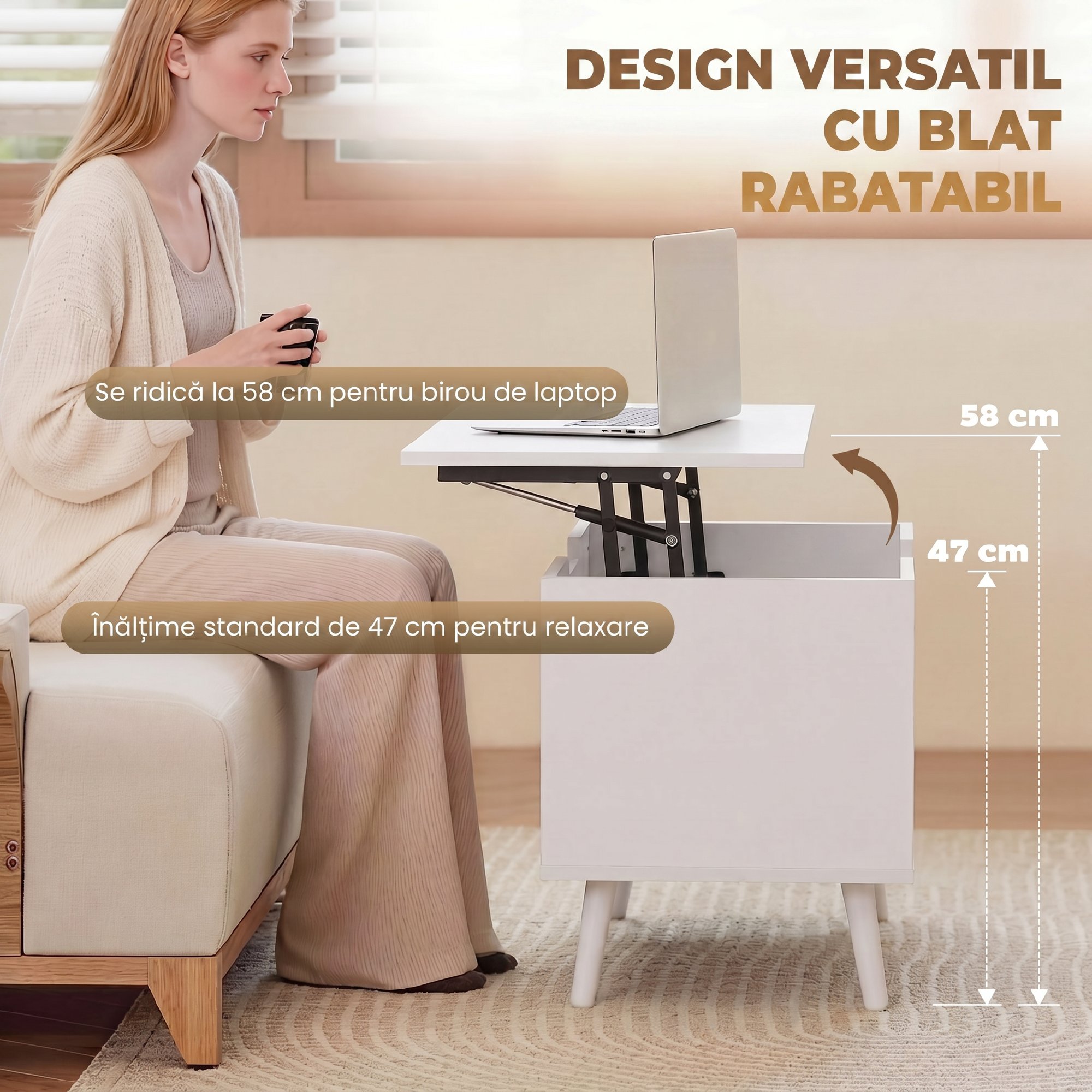 , Masa de Cafea, Cu Spatiu Ascuns, PAL, metal, 75 x 40 x 58 cm, Alb [3]