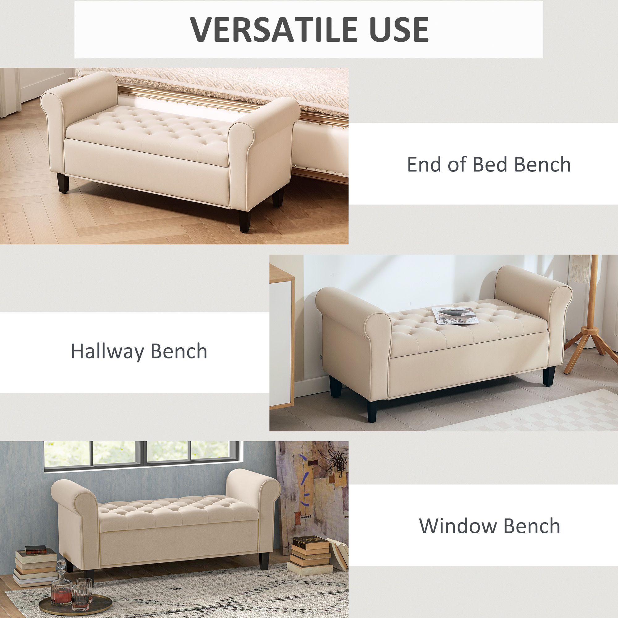  Panca Fondo Letto in Tessuto Vellutato con Spazio Portaoggetti e Braccioli, 126x48.5x57 cm, Beige [6]