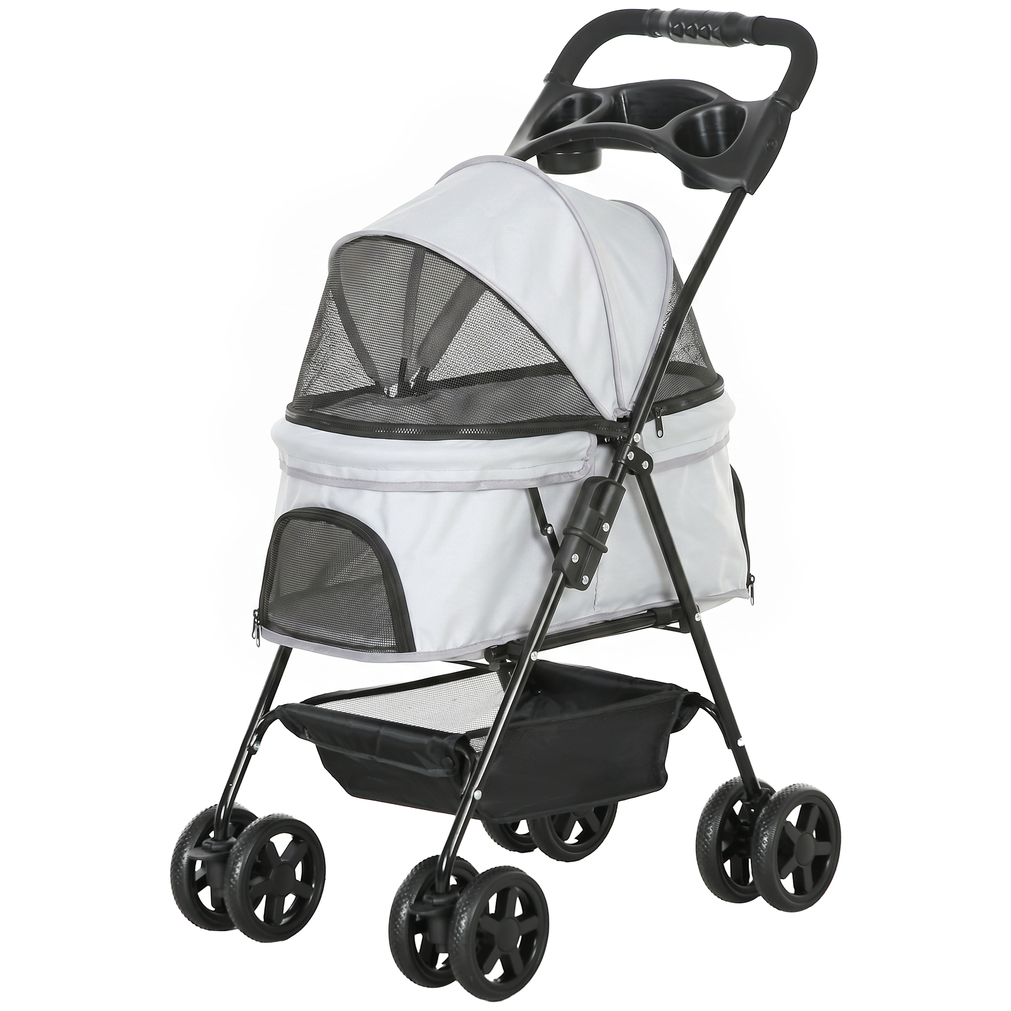 PawHut Poussette pour Petits Chiens avec 4 Roues Frein Panier Capote Sangles de Sécurité et Fenêtres 67x45x96 cm Gris clair