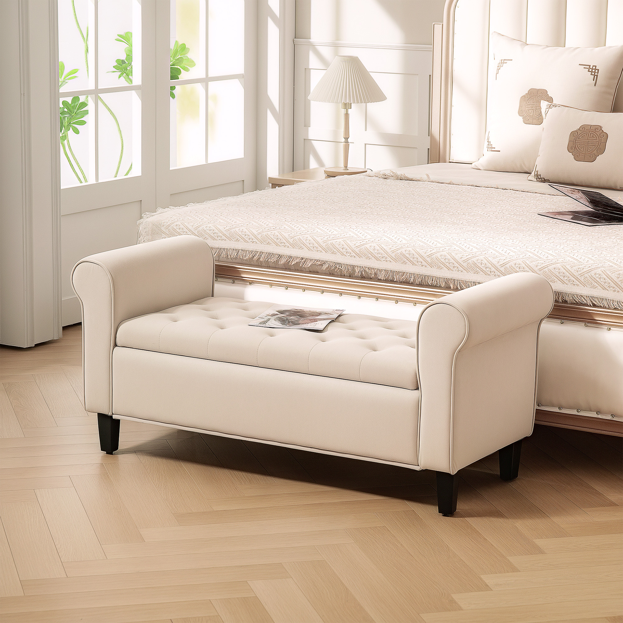  Panca Fondo Letto in Tessuto Vellutato con Spazio Portaoggetti e Braccioli, 126x48.5x57 cm, Beige [1]