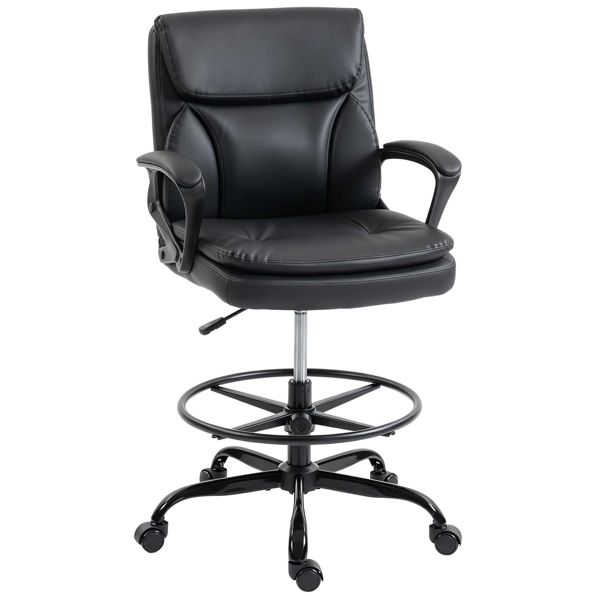 HOMCOM Hoher Schreibtischstuhl, Ergonomischer Zeichenstuhl mit verstellbarem Fußring, Höhenverstellung, Rollen, PVC-Bezug für Büro, Studio, Schwarz Aosom