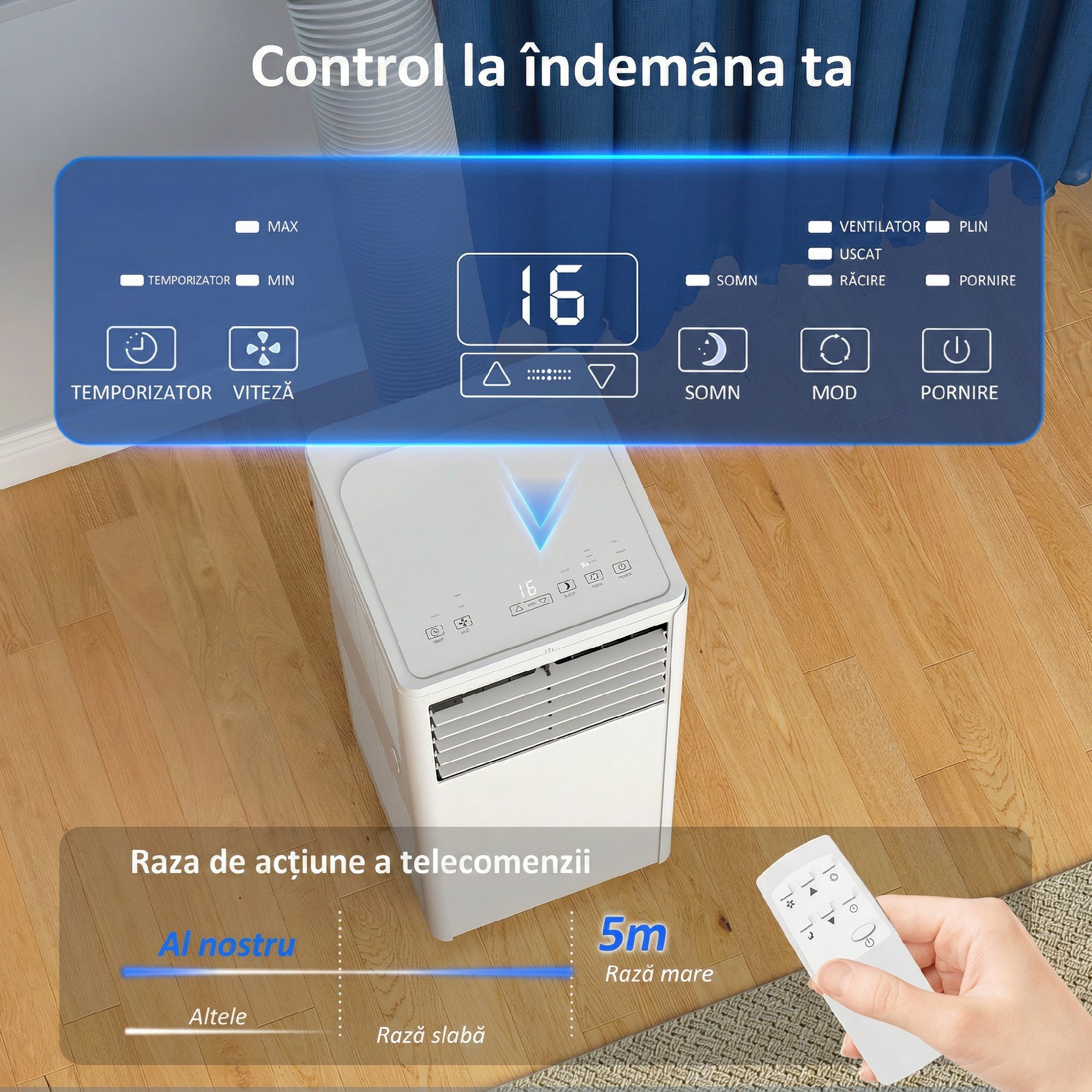  Aparat de Aer Conditionat Portabil 7000 BTU, Unitate 4-in-1 cu Racire, Dezumidificator, Ventilator, Mod Noapte [5]