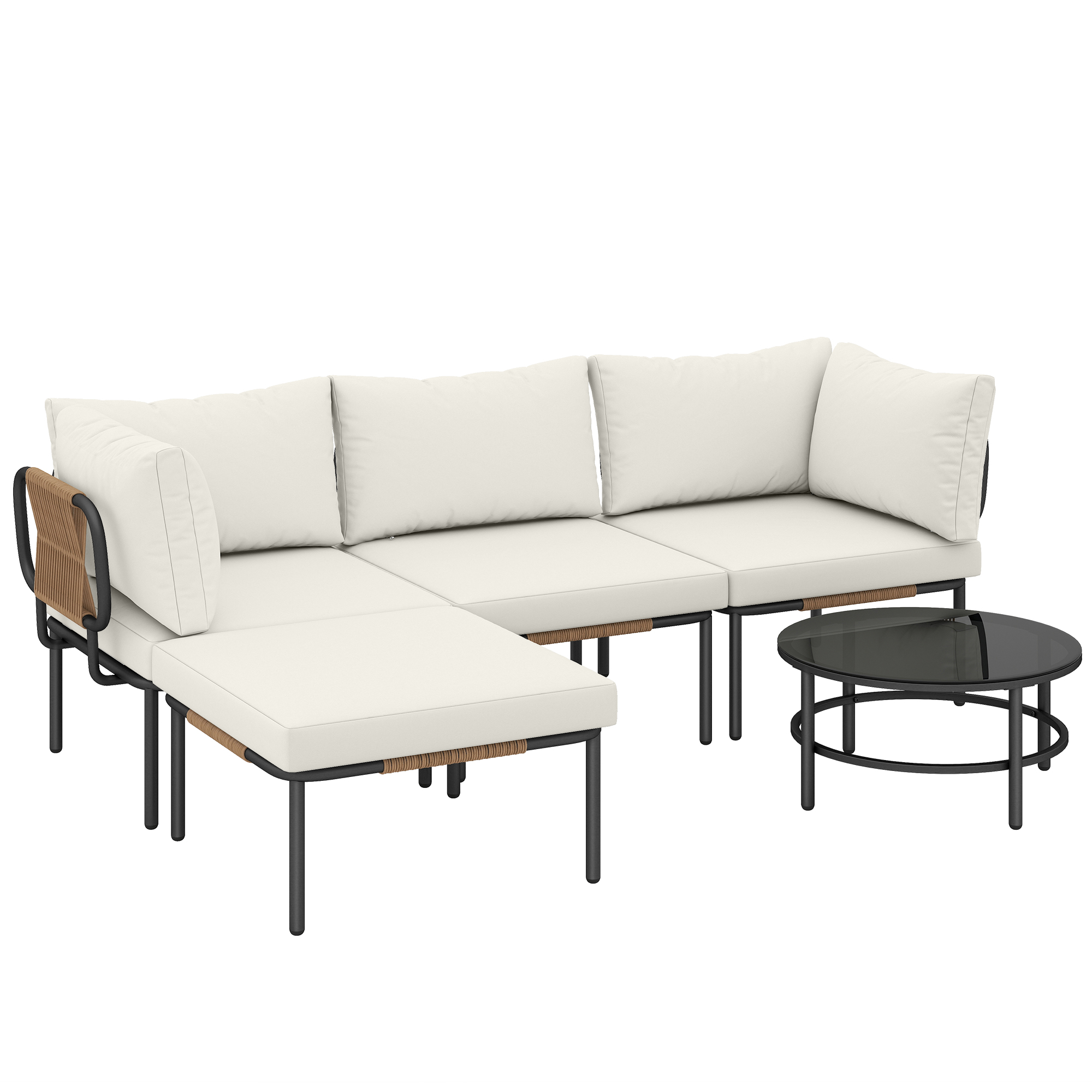 Outsunny Conjunto de Jardín 5 Piezas, Ratán modular en L con cojines, color Caqui