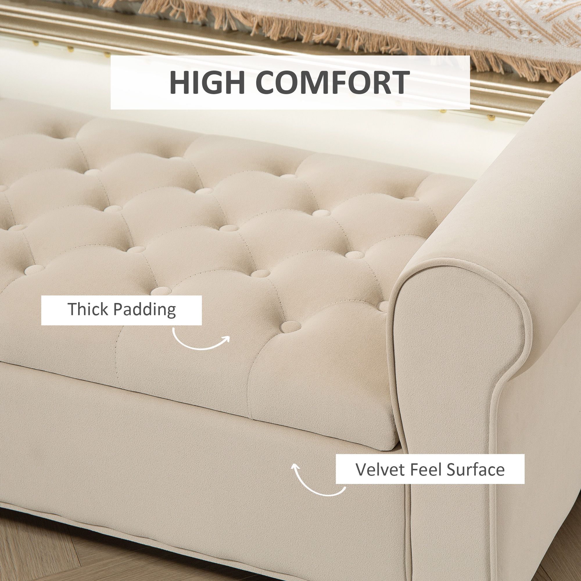  Panca Fondo Letto in Tessuto Vellutato con Spazio Portaoggetti e Braccioli, 126x48.5x57 cm, Beige [4]