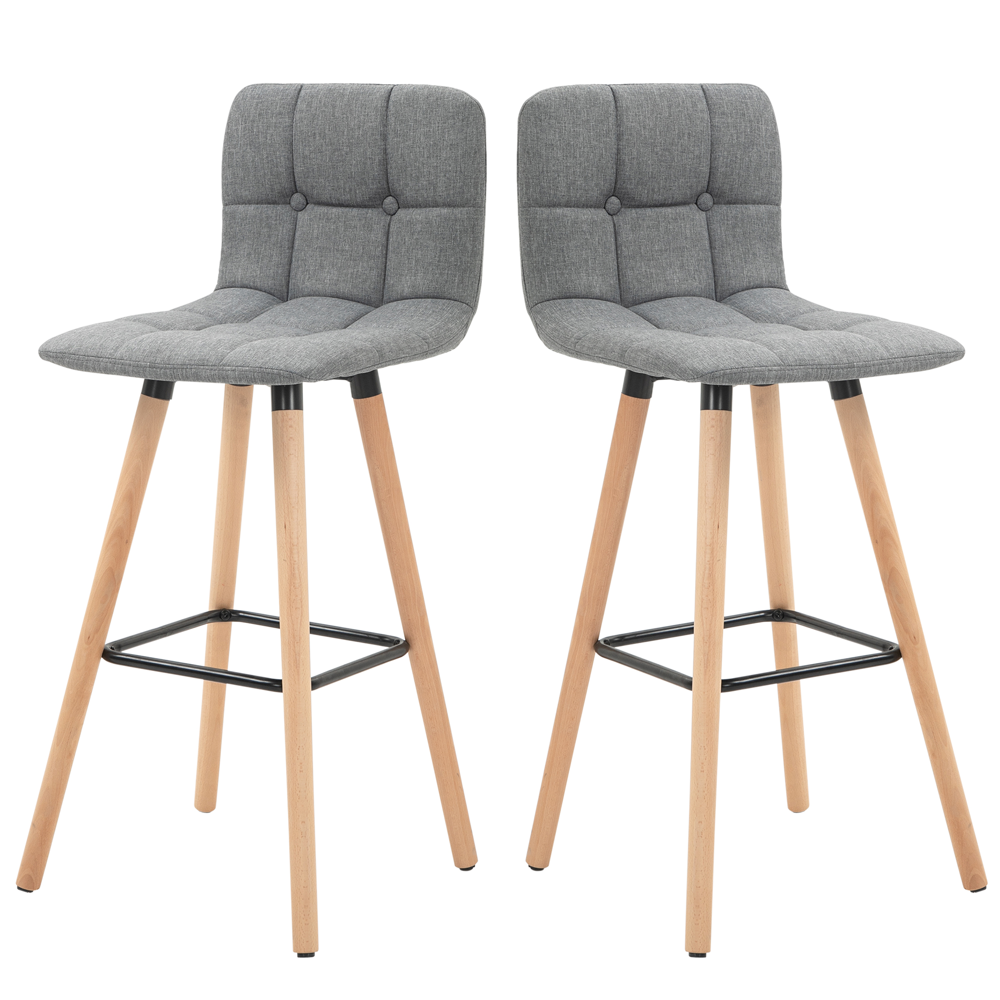 HOMCOM Lot de 2 tabourets de bar, chaises de bar capitonnées avec dossier et repose-pieds, pieds en bois, 41,5x47x97,5cm, gris