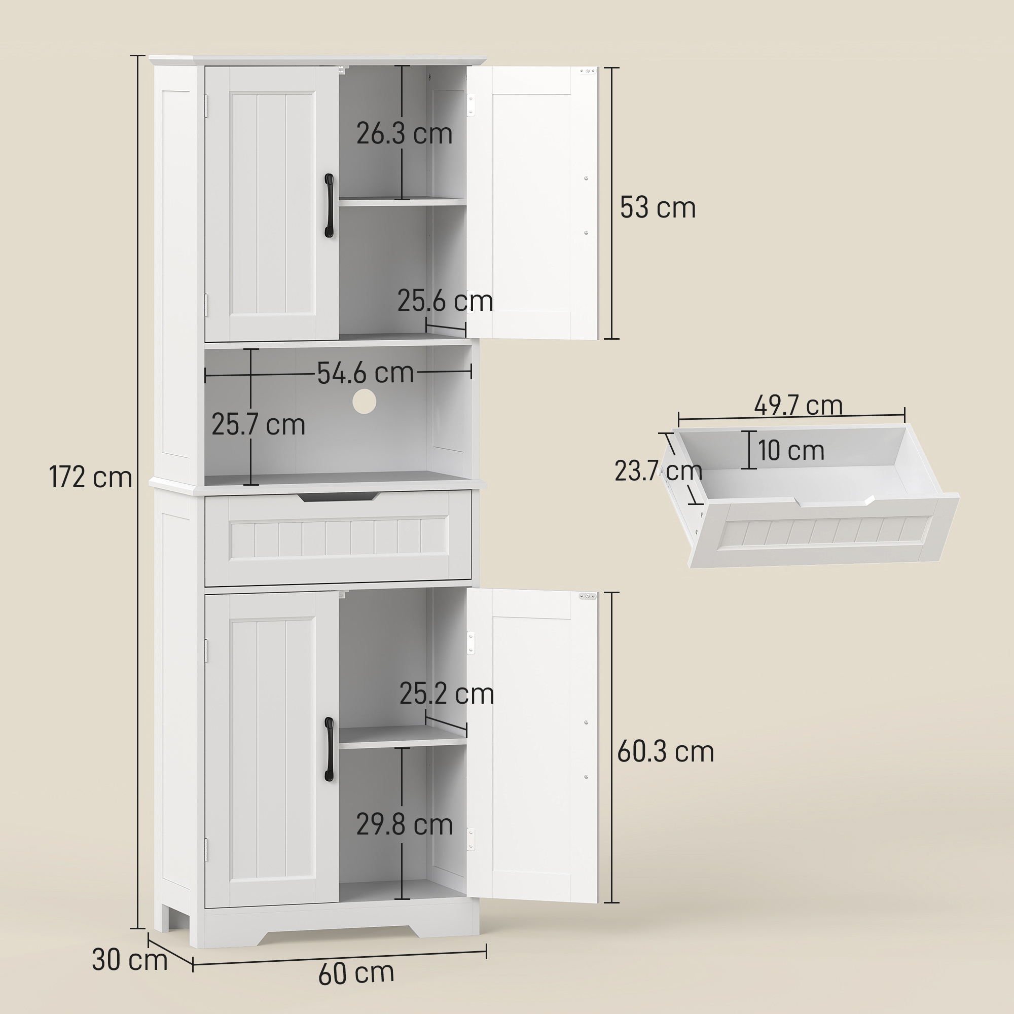  Credenta de Bucatarie cu 2 Dulapuri si Sertar, Blat Central Deschis si Rafturi Reglabile, Alb [2]